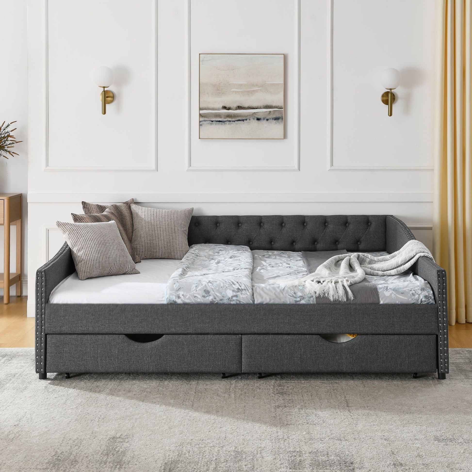 Upholstered Tufted Daybed With 2 Drawers, Waved Arms - The Sleep Loft - Online Mattress Showroom NYC