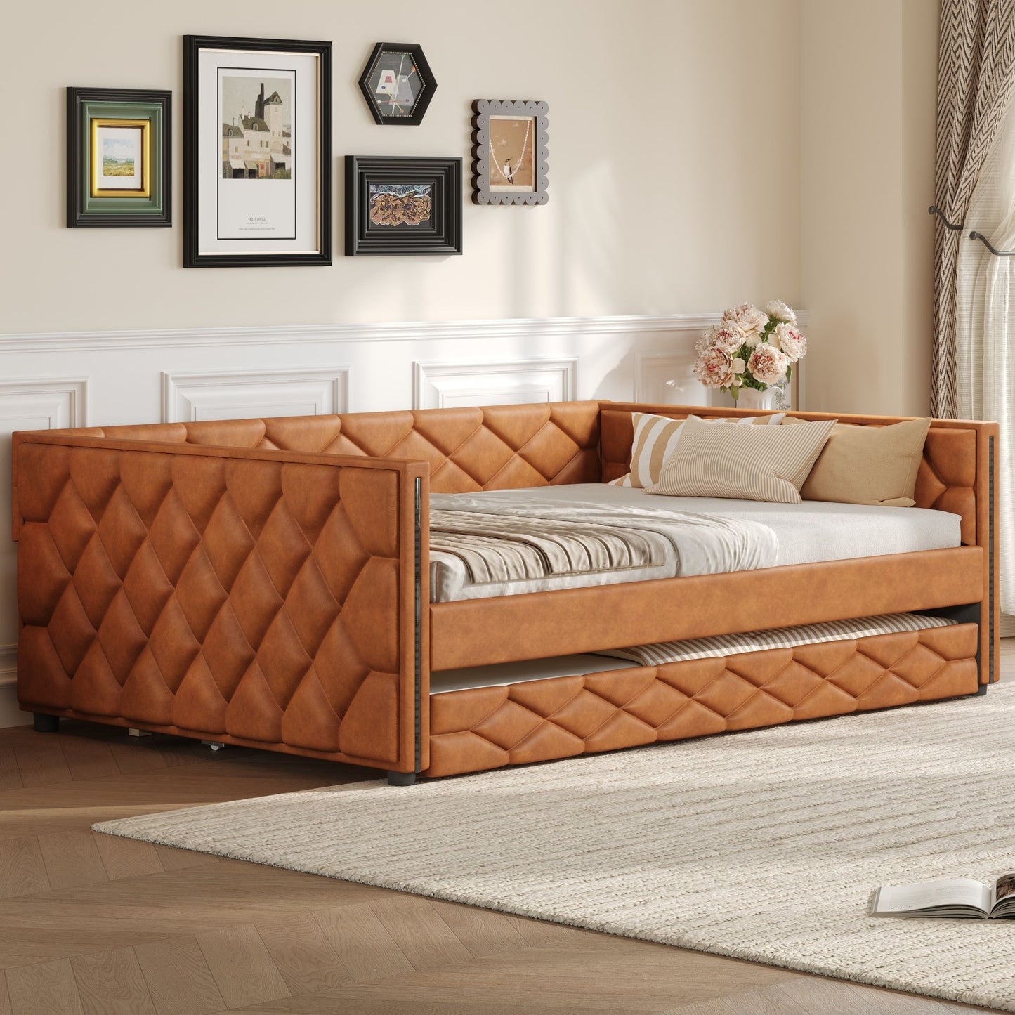 Upholstered Full Long Daybed With Trundle And LED Armrests - Brown - The Sleep Loft - Online Mattress Showroom NYC