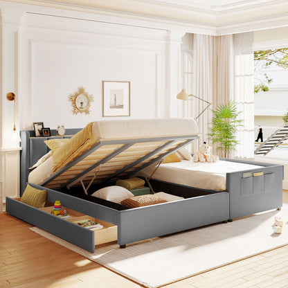 Upholstered Mother & Child Bed With Hydraulic Storage System, Drawer Box, Bedhead Storage Shelf And 2 Pairs Of Sockets & USB Ports - The Sleep Loft - Online Mattress Showroom NYC