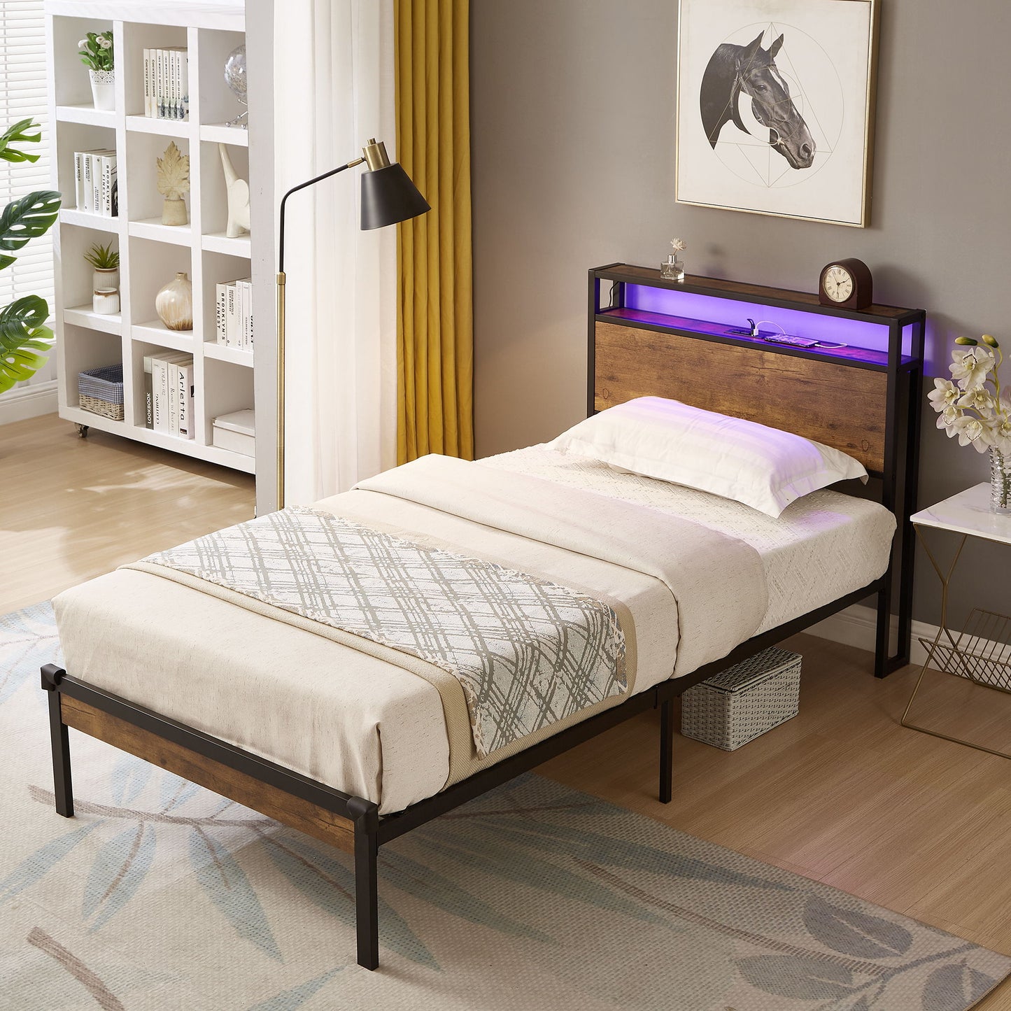 Twin Size Platform Bed Frame, LED Lights With Remote Control, USB Charging Port, Large Under Bed Storage - Black / Brown - The Sleep Loft - Online Mattress Showroom NYC