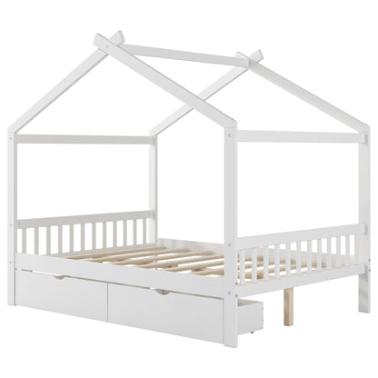 House Style Platform Bed With Headboard, Footboard, 2 Drawers, And Roof Design - The Sleep Loft - Online Mattress Showroom NYC