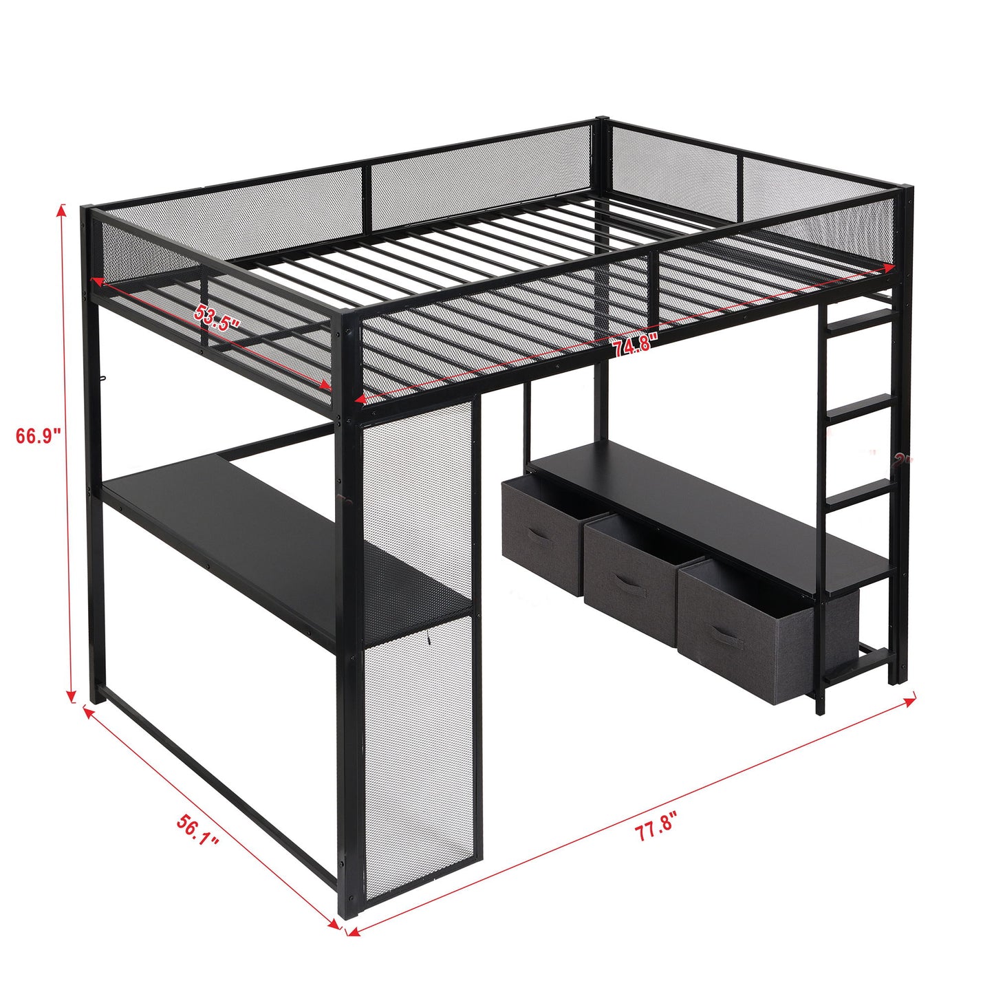 Full Size Gaming Loft Bed With LED Desk, Open Wardrobe, 3 Linen Storage Drawers - Black - The Sleep Loft - Online Mattress Showroom NYC