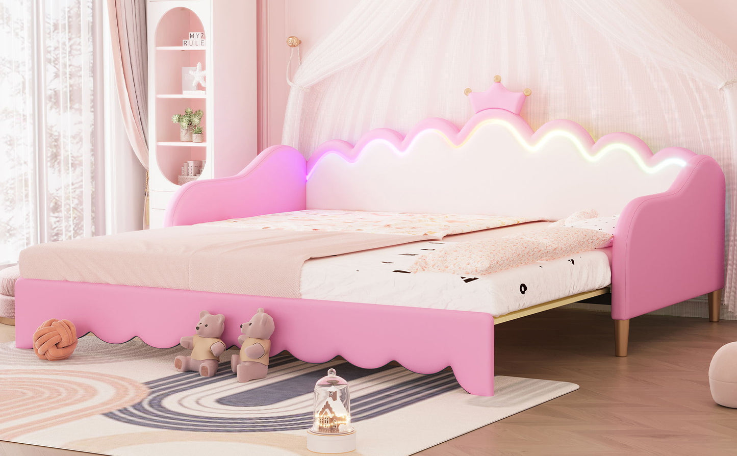 Extending Daybed With LED Lights, Modern Upholstered Princess Daybed With Crown Headboard - The Sleep Loft - Online Mattress Showroom NYC