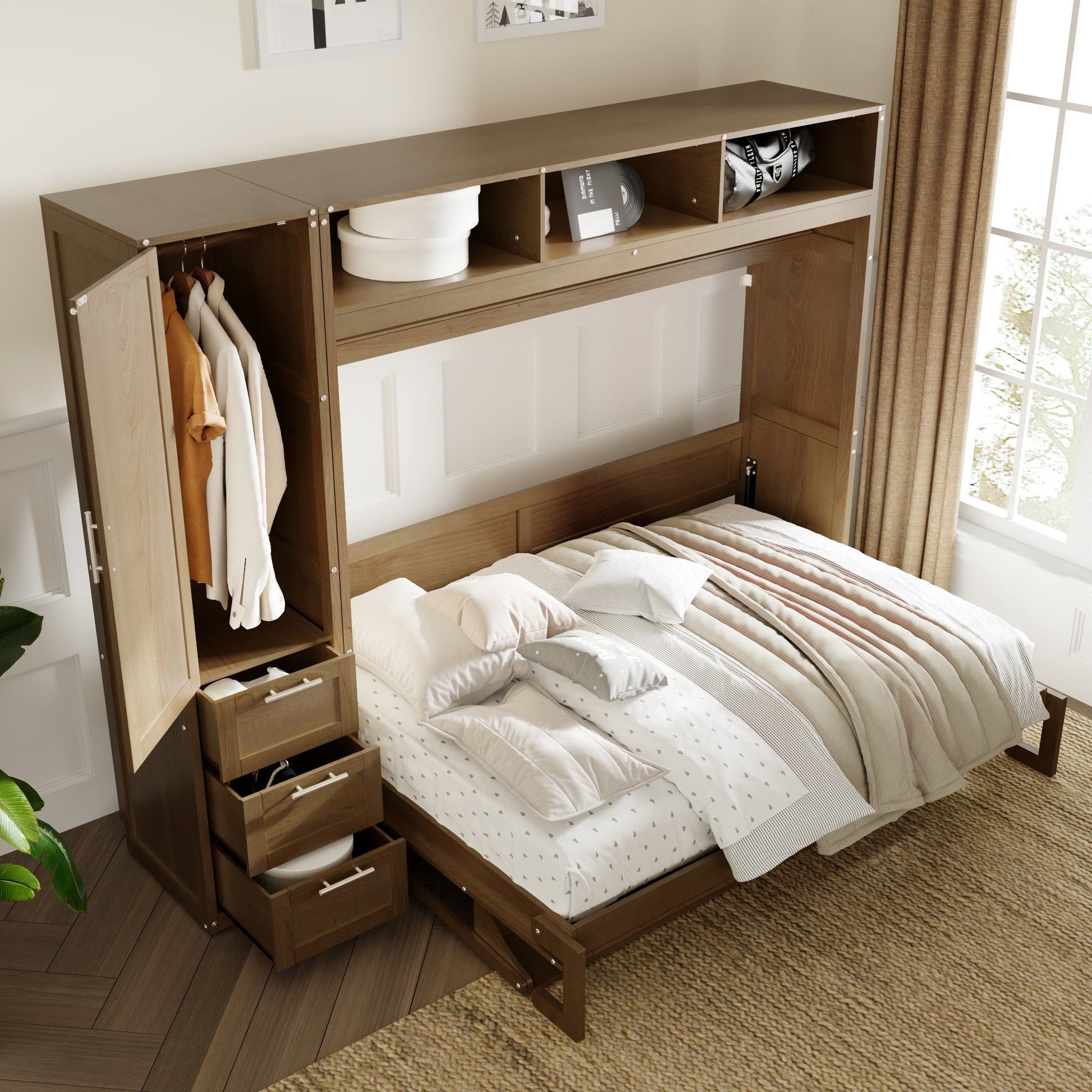 Full Size Murphy Bed With Wardrobe, Drawers, And Open Shelves - Wood - The Sleep Loft - Online Mattress Showroom NYC