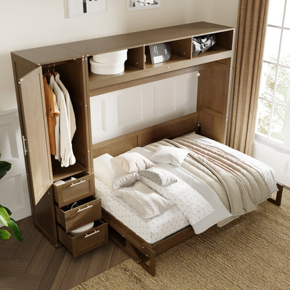 Full Size Murphy Bed With Wardrobe, Drawers, And Open Shelves - Wood - The Sleep Loft - Online Mattress Showroom NYC