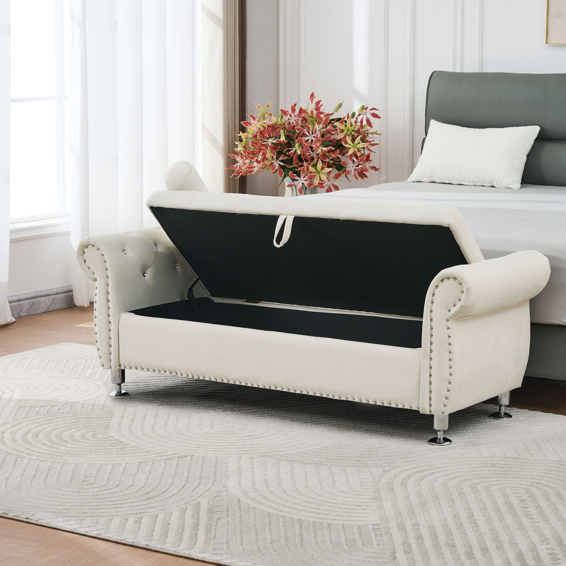 Storage Bench With Crystal Buttons And 1 Pillow For Bedroom - The Sleep Loft - Online Mattress Showroom NYC
