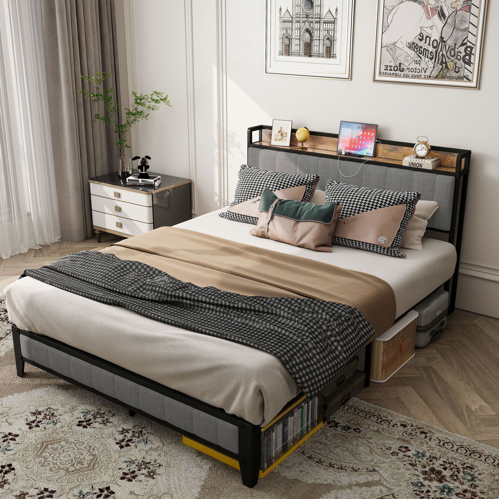 Bed With Charging Station, American Design Upholstered Headboard, Metal Platform - Thumbnail 4