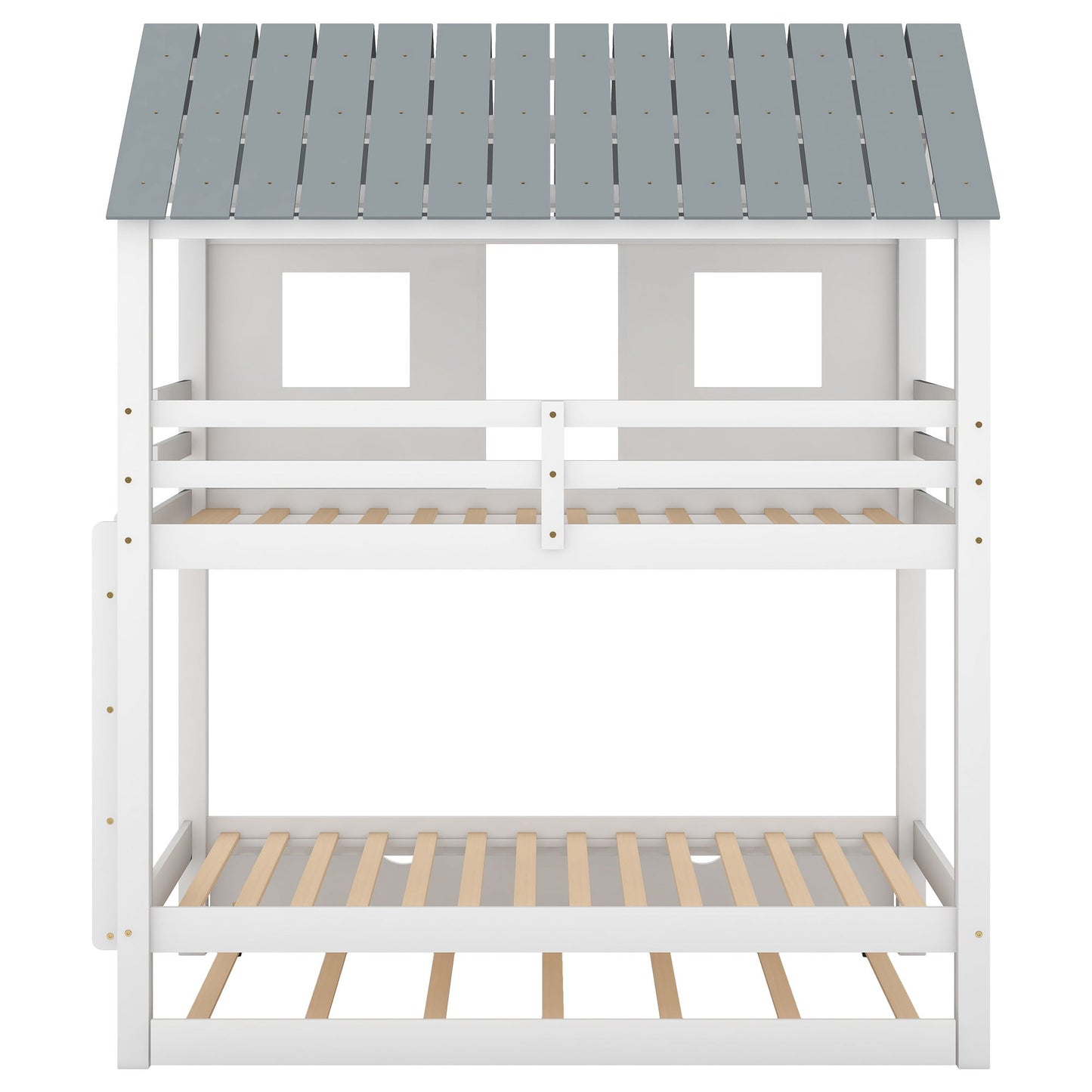 Twin Size House Bunk Bed With Trundle, Roof And Windows - White / Gray - The Sleep Loft - Online Mattress Showroom NYC