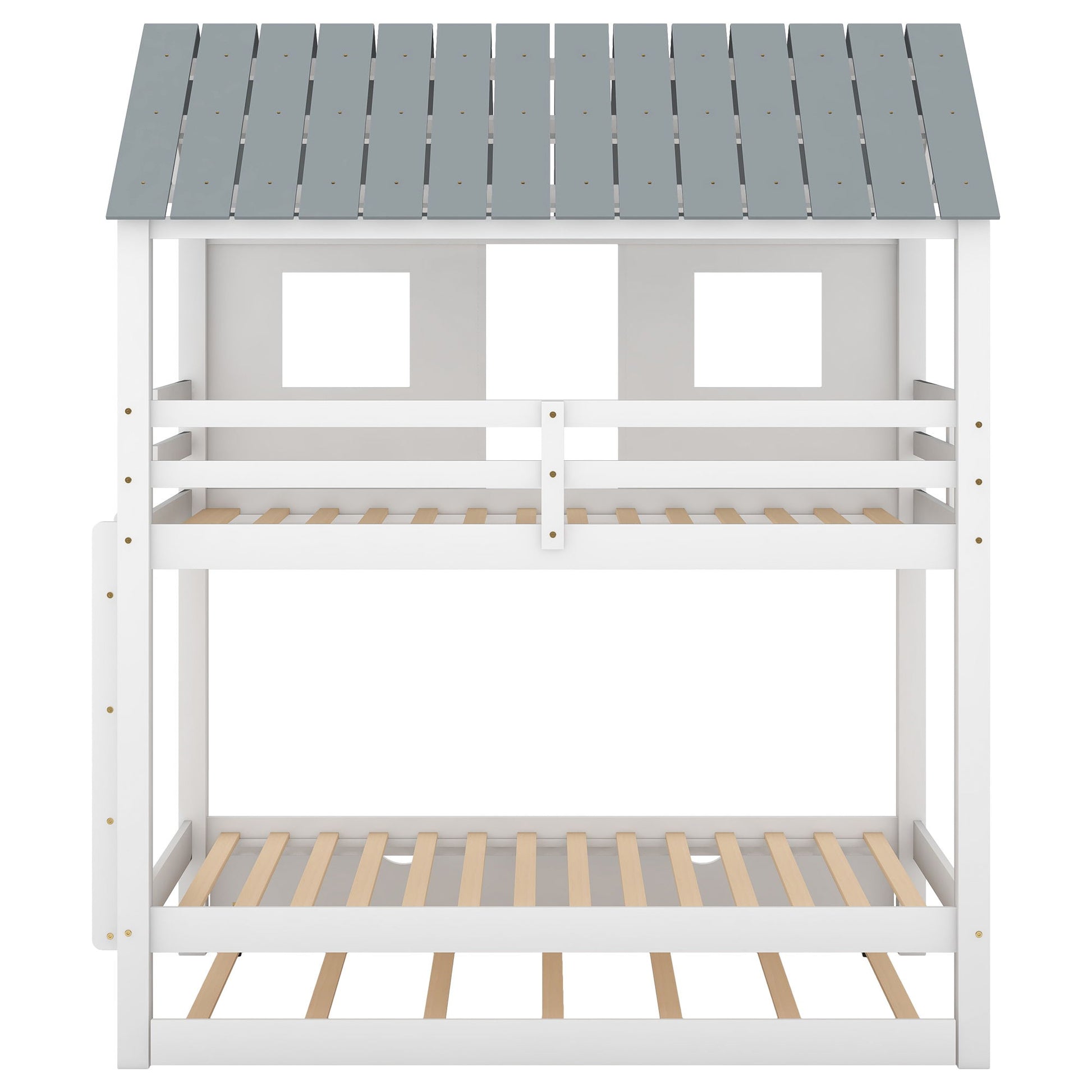 Twin Size House Bunk Bed With Trundle, Roof And Windows - White / Gray - The Sleep Loft - Online Mattress Showroom NYC