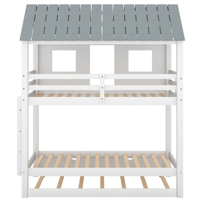 Twin Size House Bunk Bed With Trundle, Roof And Windows - White / Gray - The Sleep Loft - Online Mattress Showroom NYC