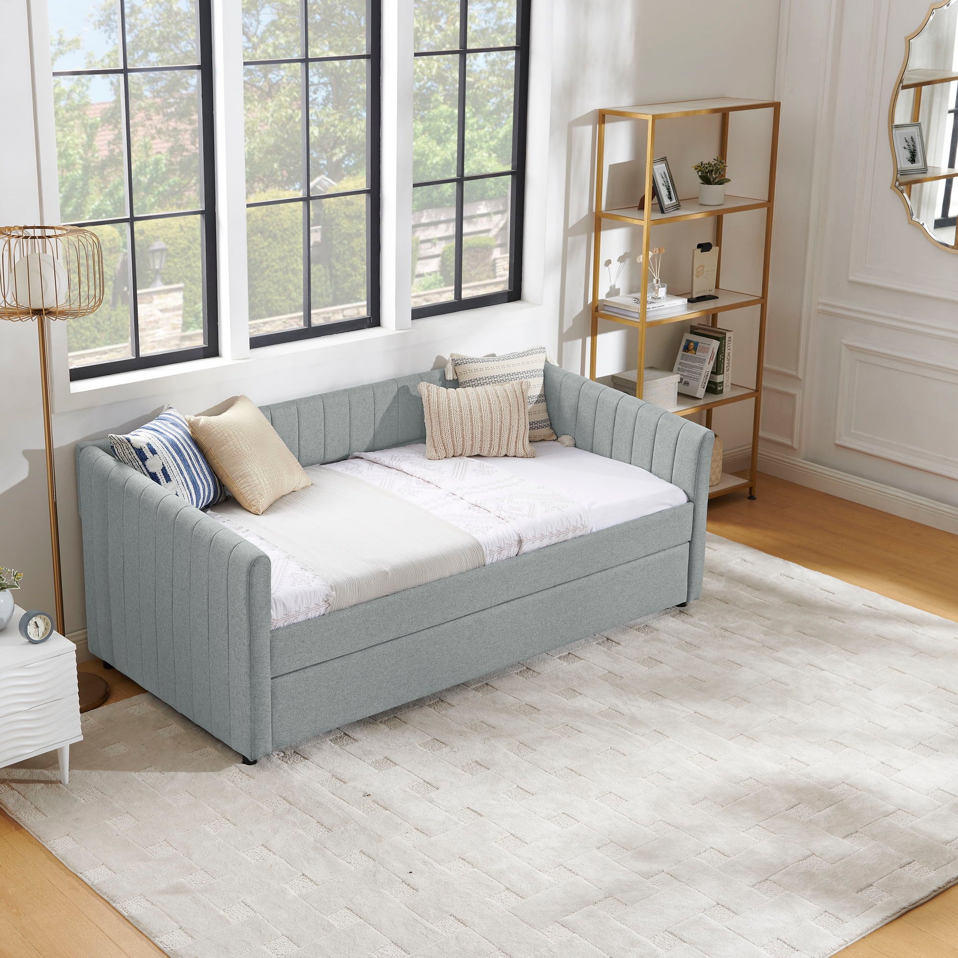 Upholstered Daybed With Trundle With Vertical Stripes - The Sleep Loft - Online Mattress Showroom NYC