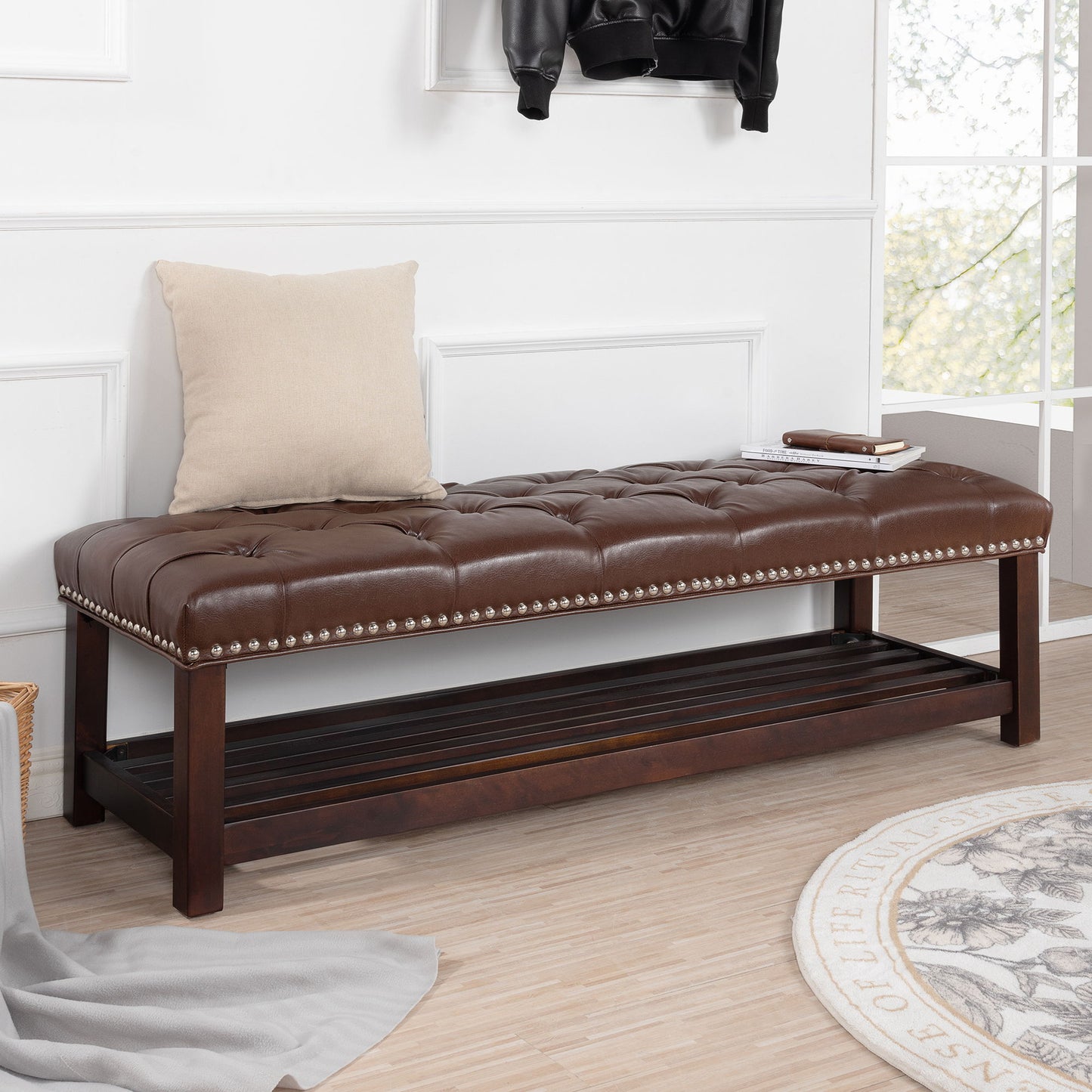 Bedroom End Of Bed Bench Tufted Upholstered End Of Bed Bench End Of Bed Entrance Shoe Bench With Nailhead Trim And Shelf Bedroom Upholstered Bench Living Room Shoe Rack Footstool - The Sleep Loft - Online Mattress Showroom NYC