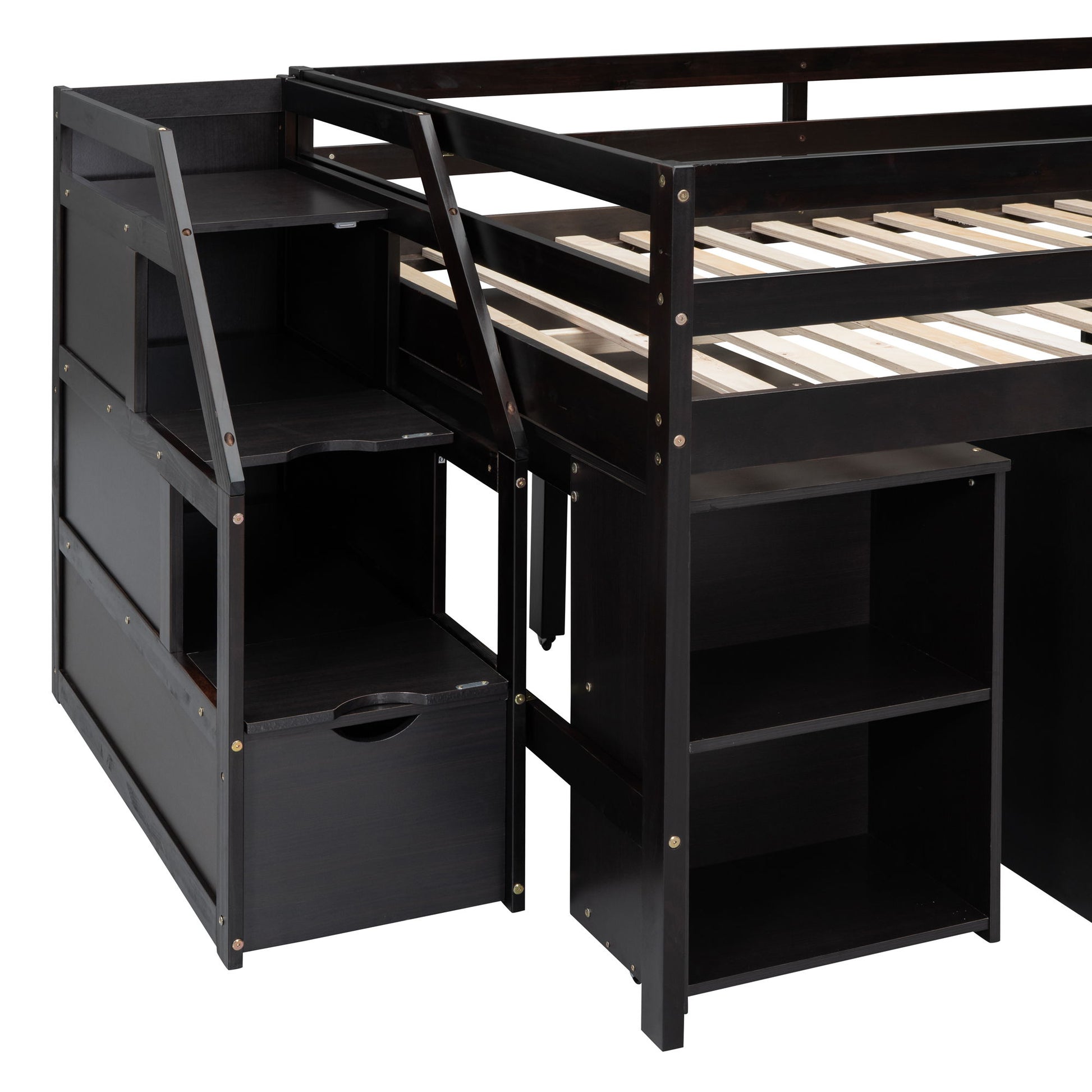Loft Bed With Retractable Writing Desk And 3 Drawers With Storage Stairs And Shelves - The Sleep Loft - Online Mattress Showroom NYC