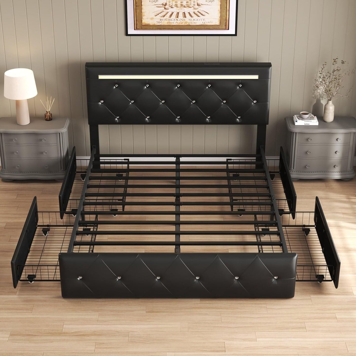 Upholstered Bed Frame With LED Lights, 4 Storage Drawers, Charging Station - The Sleep Loft - Online Mattress Showroom NYC
