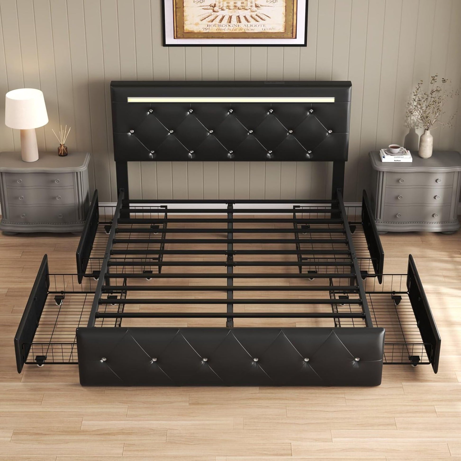Upholstered Bed Frame With LED Lights, 4 Storage Drawers, Charging Station - The Sleep Loft - Online Mattress Showroom NYC