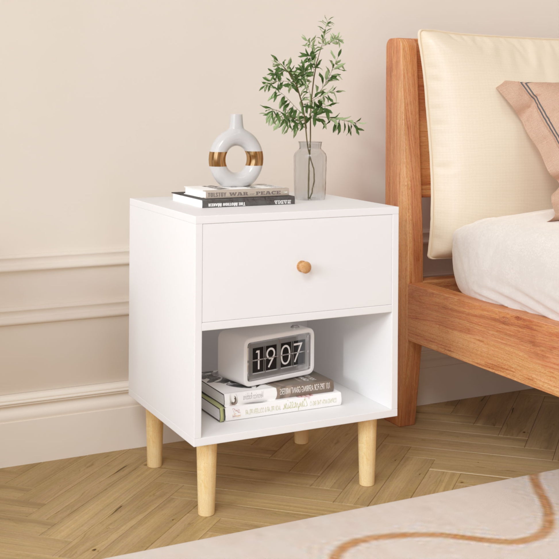Nightstand With 1 Drawer And 1 Shelf - White - The Sleep Loft - Online Mattress Showroom NYC