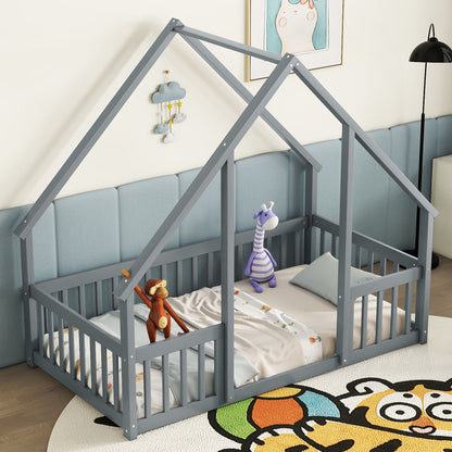 Wood House-Shaped Floor Bed With Fence, Guardrails - The Sleep Loft - Online Mattress Showroom NYC