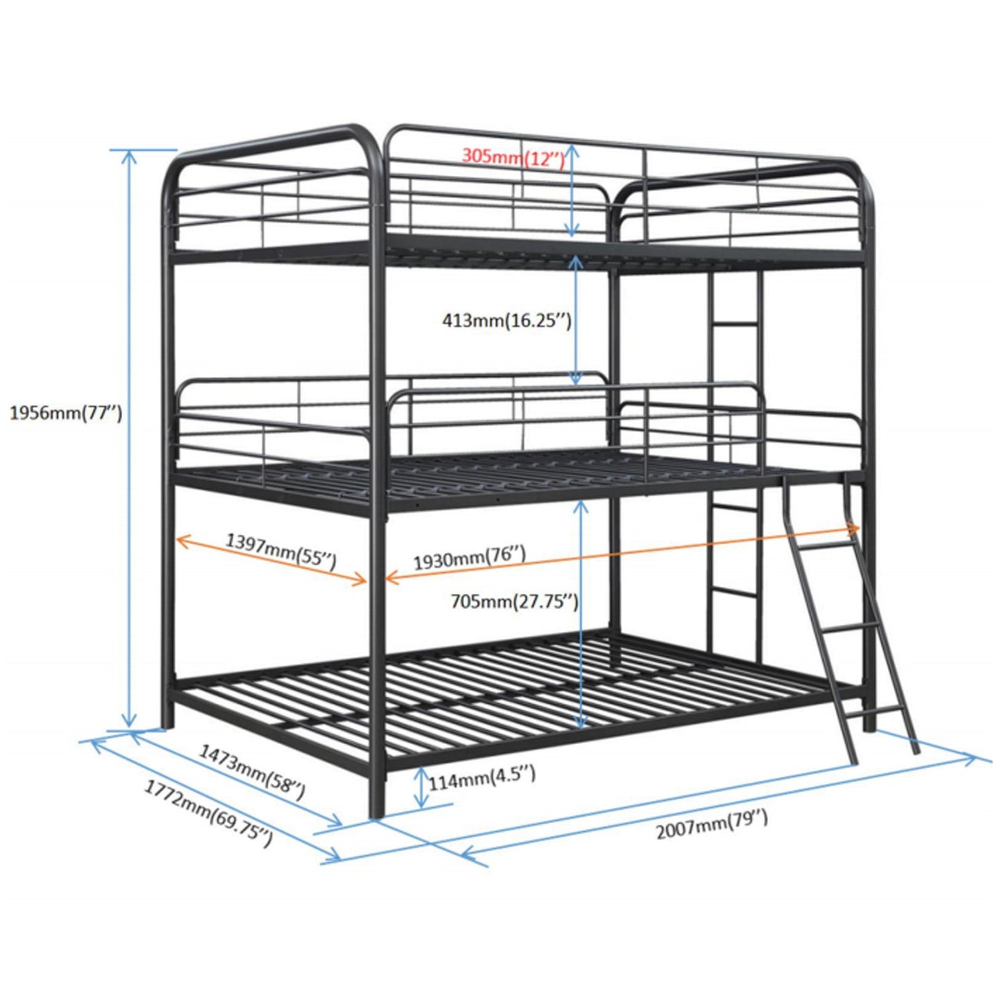 Triple Bunk Bed, Full Size With Sturdy Metal Frame And Safe Stairs - Black - The Sleep Loft - Online Mattress Showroom NYC