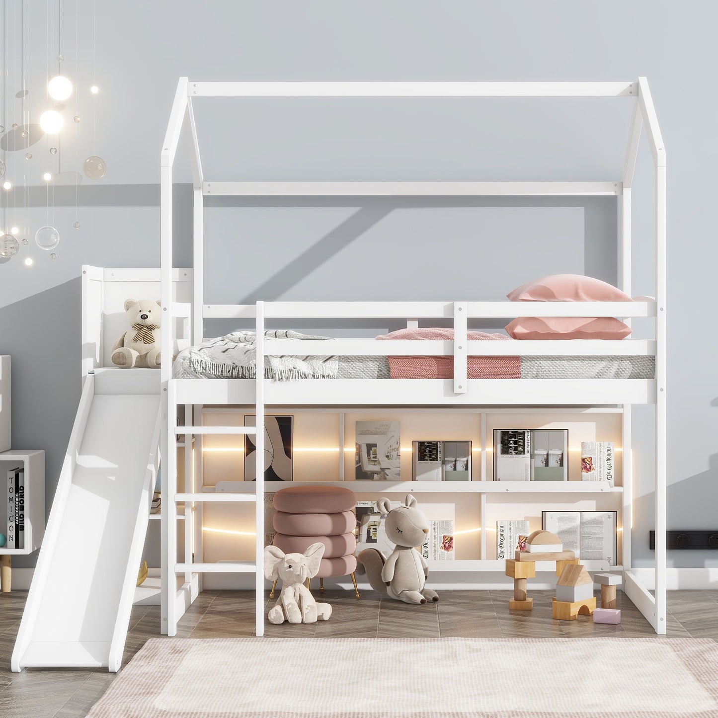House Loft Bed With Slide, Storage Shelves And Light, Climbing Ramp - The Sleep Loft - Online Mattress Showroom NYC
