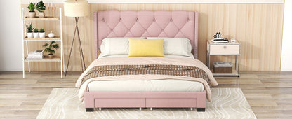 Queen Size Storage Bed Linen Upholstered Platform Bed & Two Drawers - Pink - The Sleep Loft - Online Mattress Showroom NYC