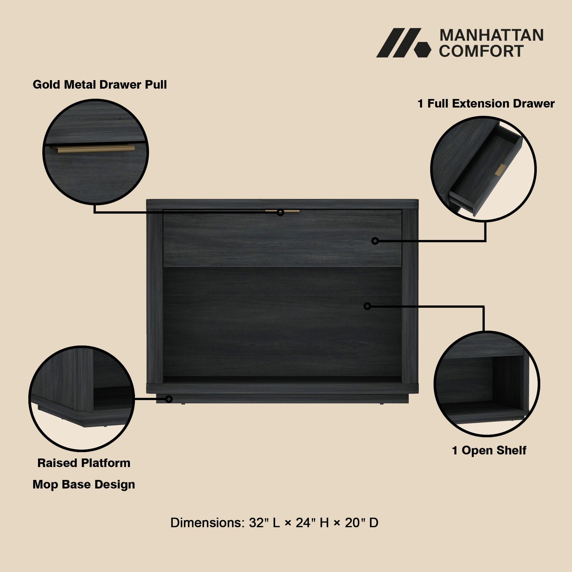 Evelyn - Nightstand With 1 Drawer And Open Shelf - The Sleep Loft - Online Mattress Showroom NYC