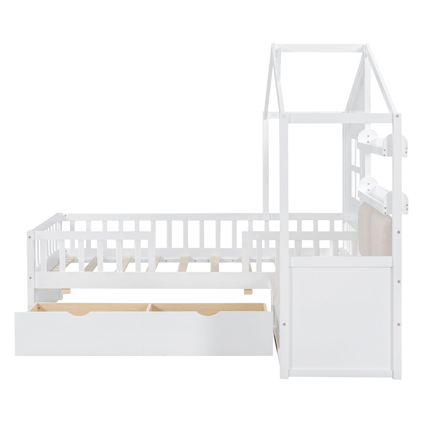 House Bed With Sofa, Kids Platform Bed With 2 Drawers And Storage Shelf - The Sleep Loft - Online Mattress Showroom NYC