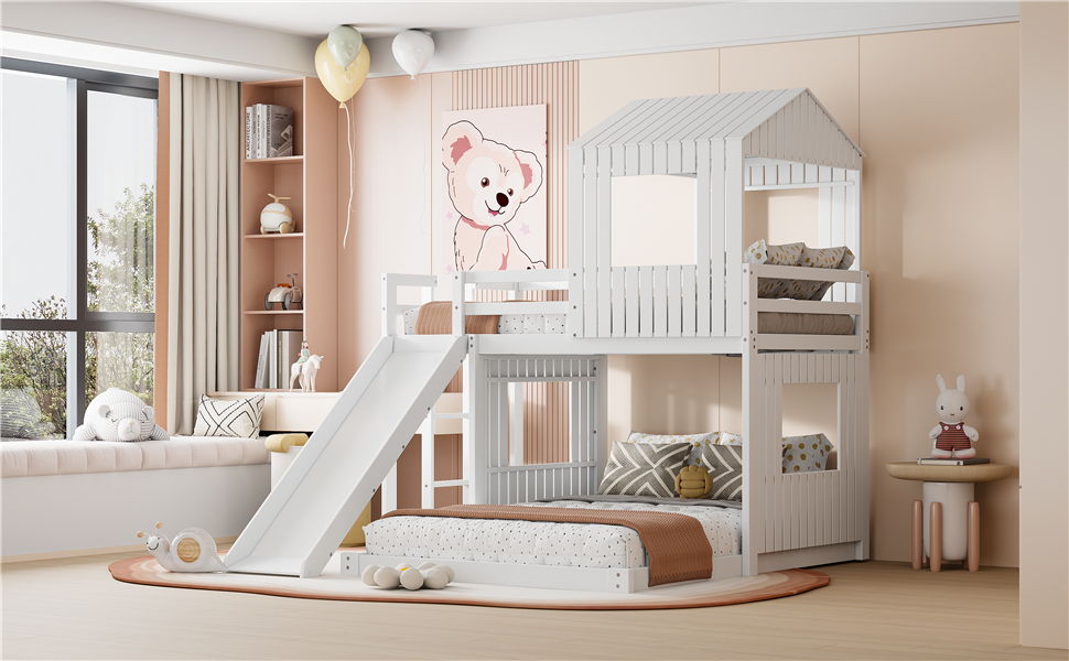 Loft Bunk Bed With Playhouse, Farmhouse, Ladder, Slide And Guardrails - The Sleep Loft - Online Mattress Showroom NYC