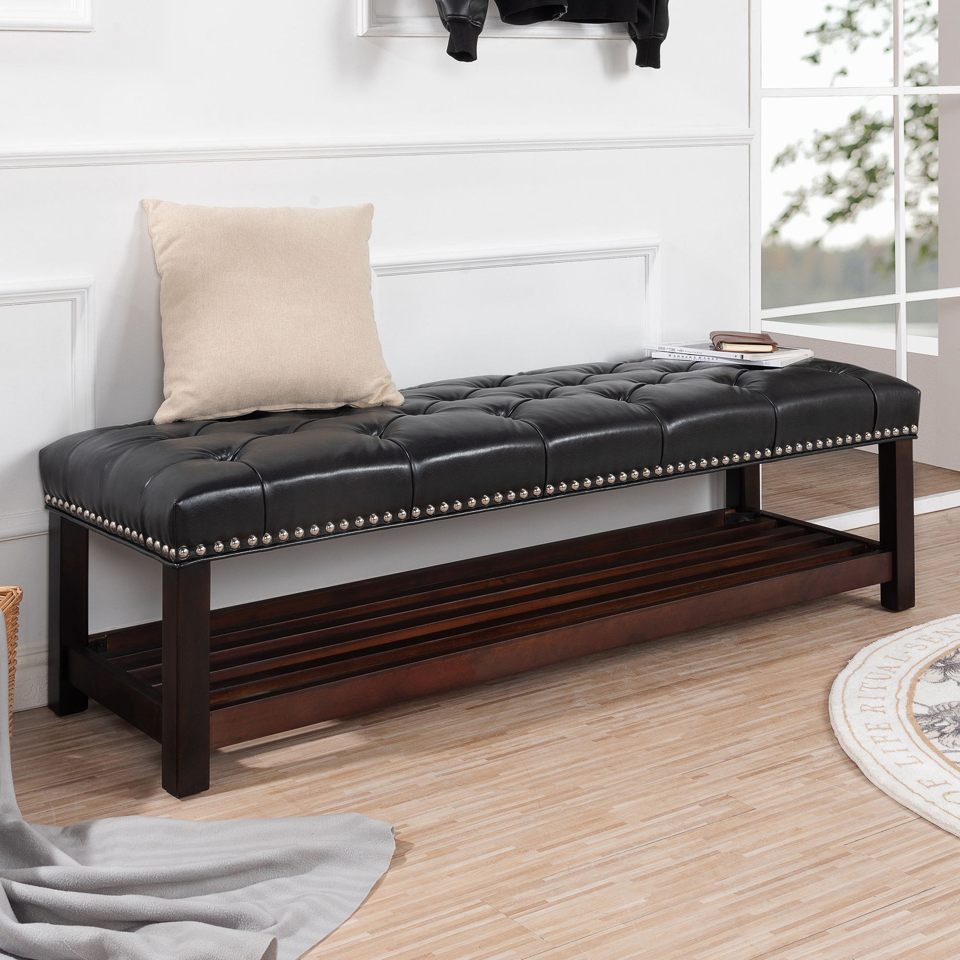 Bedroom End Of Bed Bench Tufted Upholstered End Of Bed Bench End Of Bed Entrance Shoe Bench With Nailhead Trim And Shelf Bedroom Upholstered Bench Living Room Shoe Rack Footstool - The Sleep Loft - Online Mattress Showroom NYC