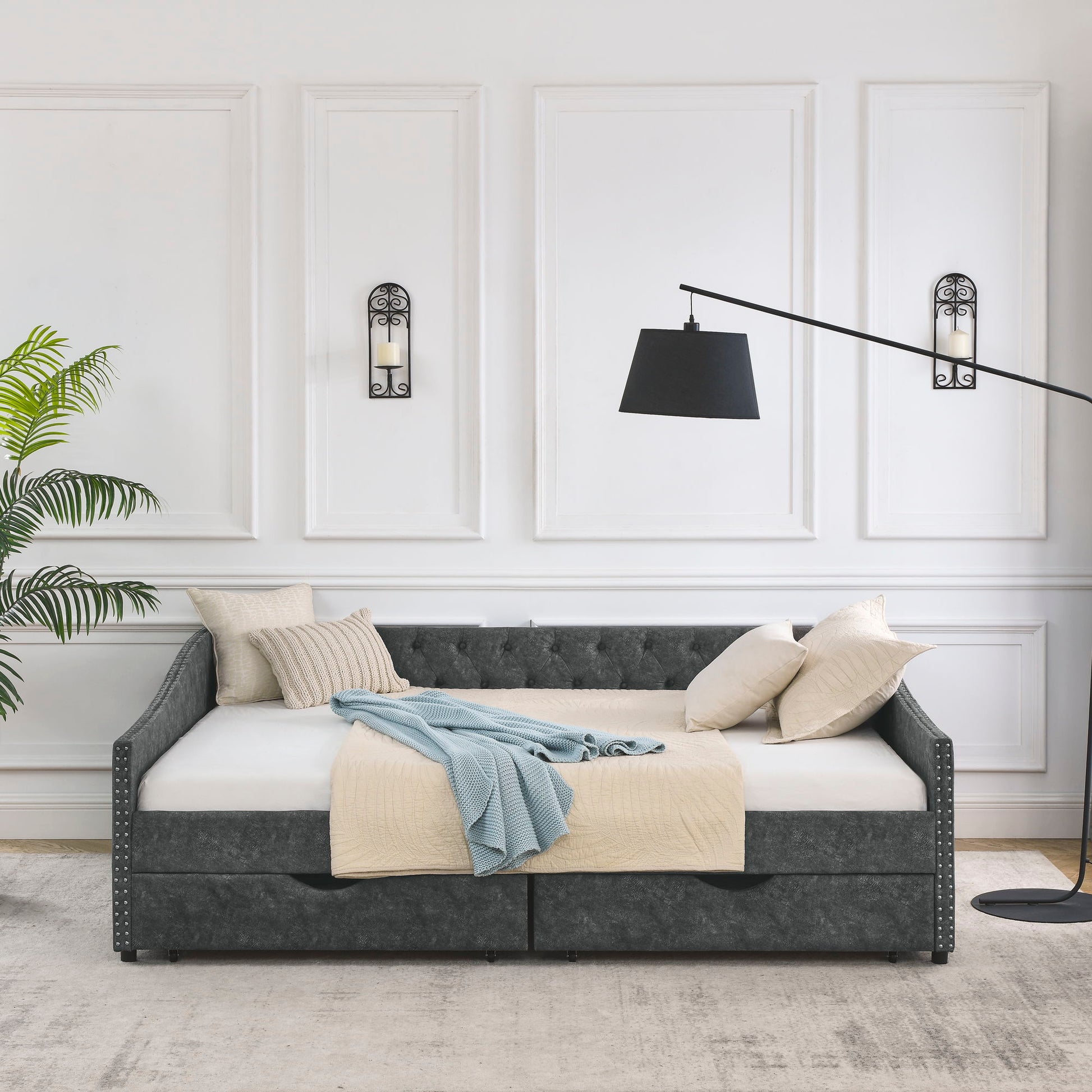 Upholstered Tufted Daybed With Drawers, Waved Arms - The Sleep Loft - Online Mattress Showroom NYC