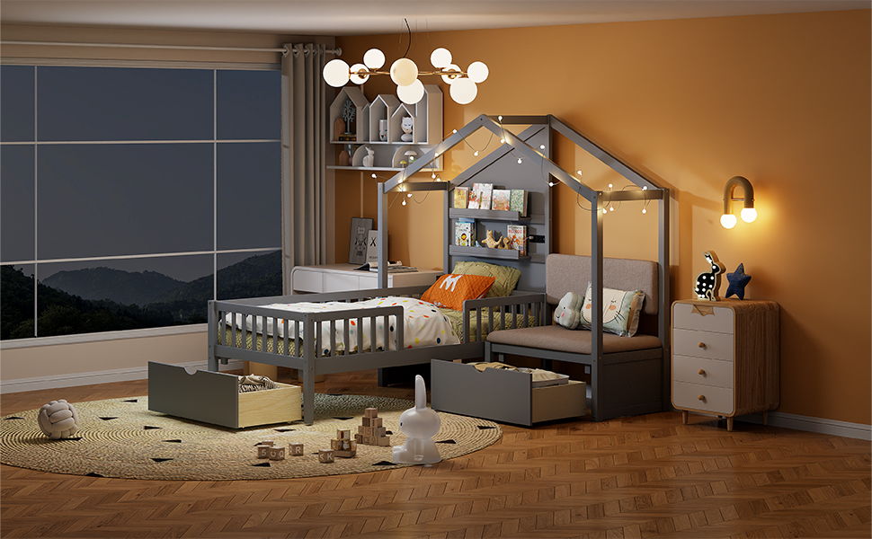 House Bed With Upholstered Sofa, Wireless Charging Station, Shelves And 2 Drawers - The Sleep Loft - Online Mattress Showroom NYC