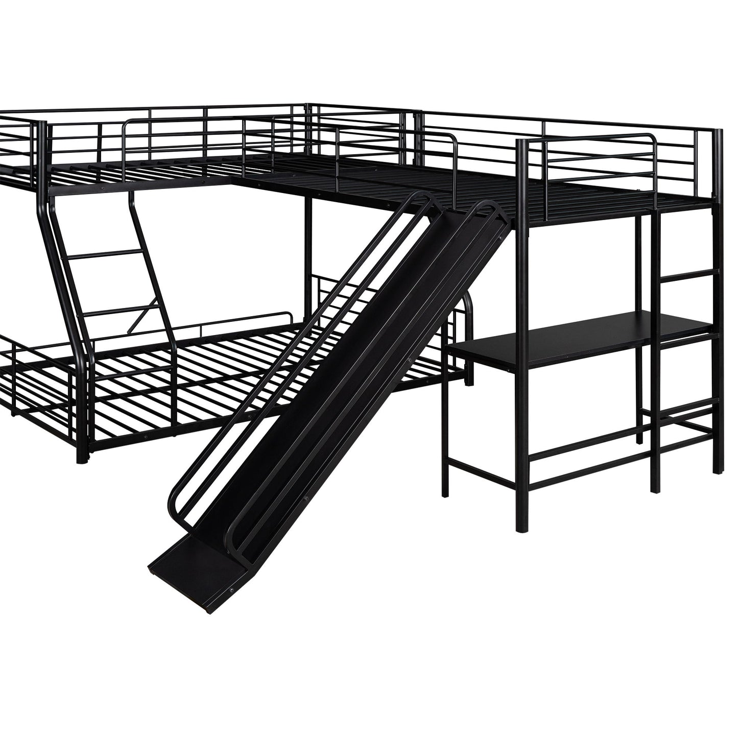 L-Shaped Twin Over Full Bunk Bed With Twin Loft, Built In Desk And Slide - Black - The Sleep Loft - Online Mattress Showroom NYC
