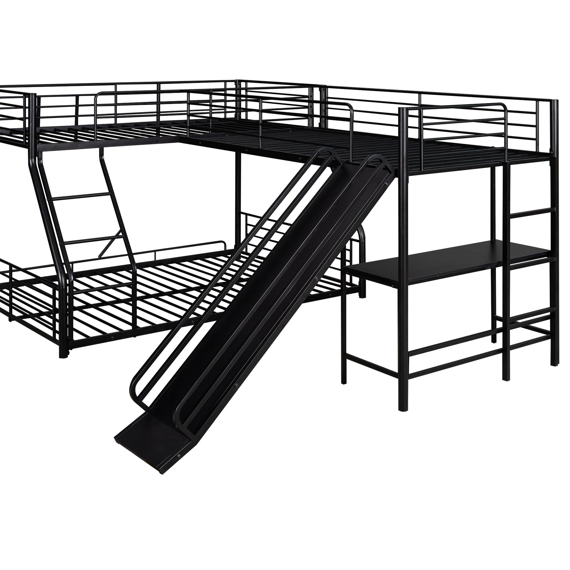 L-Shaped Twin Over Full Bunk Bed With Twin Loft, Built In Desk And Slide - Black - The Sleep Loft - Online Mattress Showroom NYC