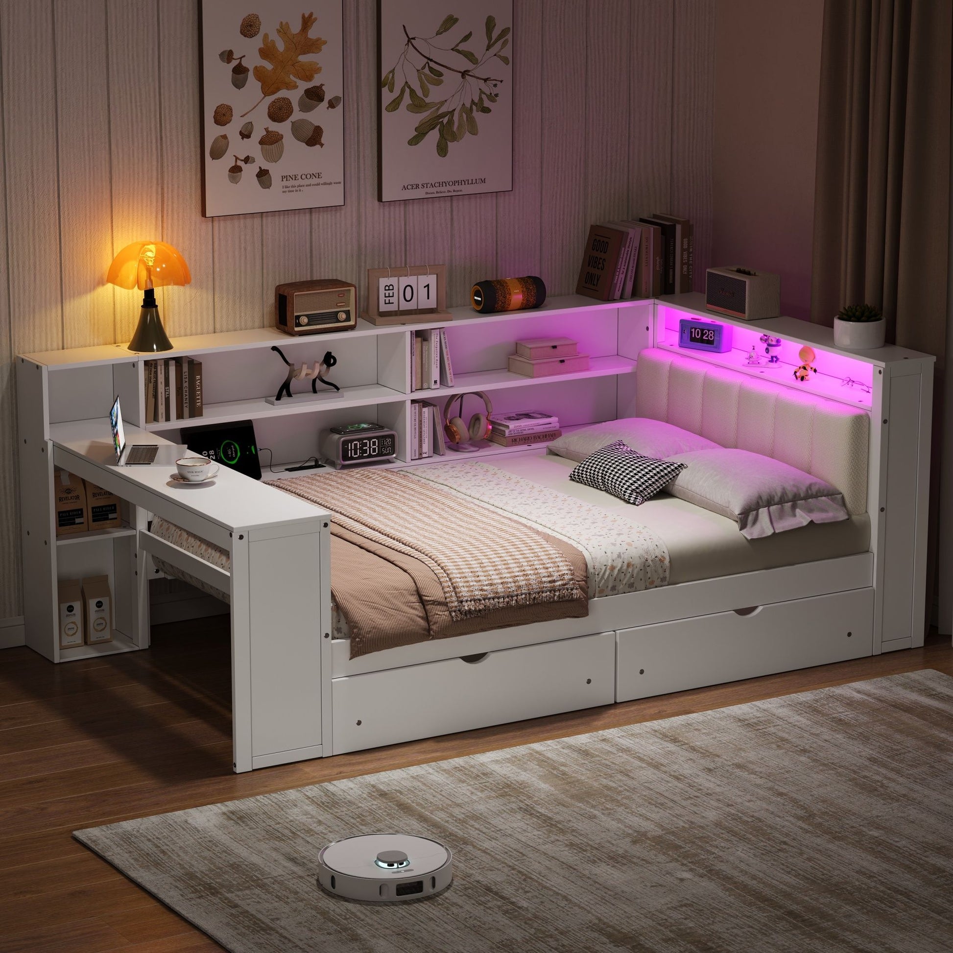 Platform Bed With Storage Shelves, Drawers, Charging Station, LED, Desk - The Sleep Loft - Online Mattress Showroom NYC