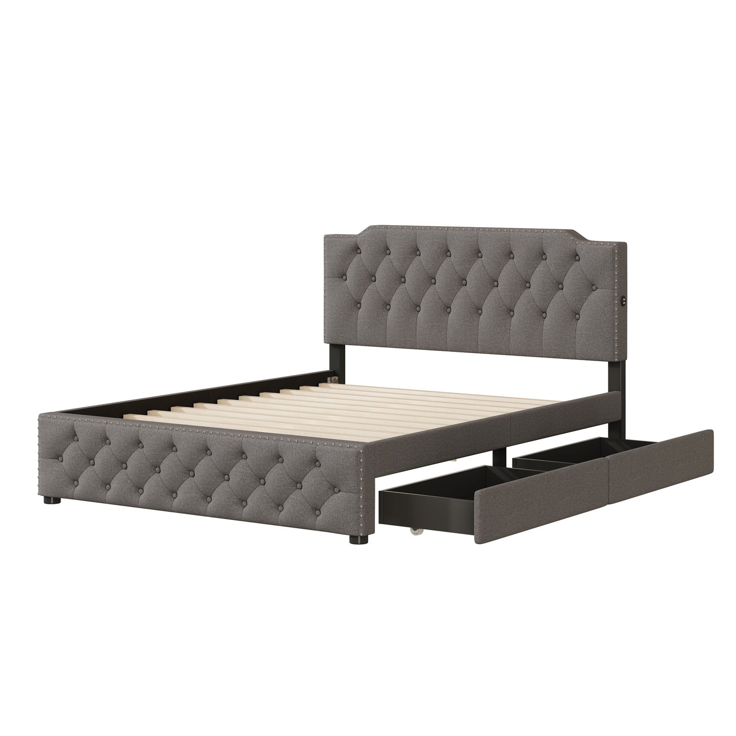 Upholstered Platform Bed With 2 Drawers And 2 Sets Of USB Ports On Each Side, Linen Fabric - The Sleep Loft - Online Mattress Showroom NYC