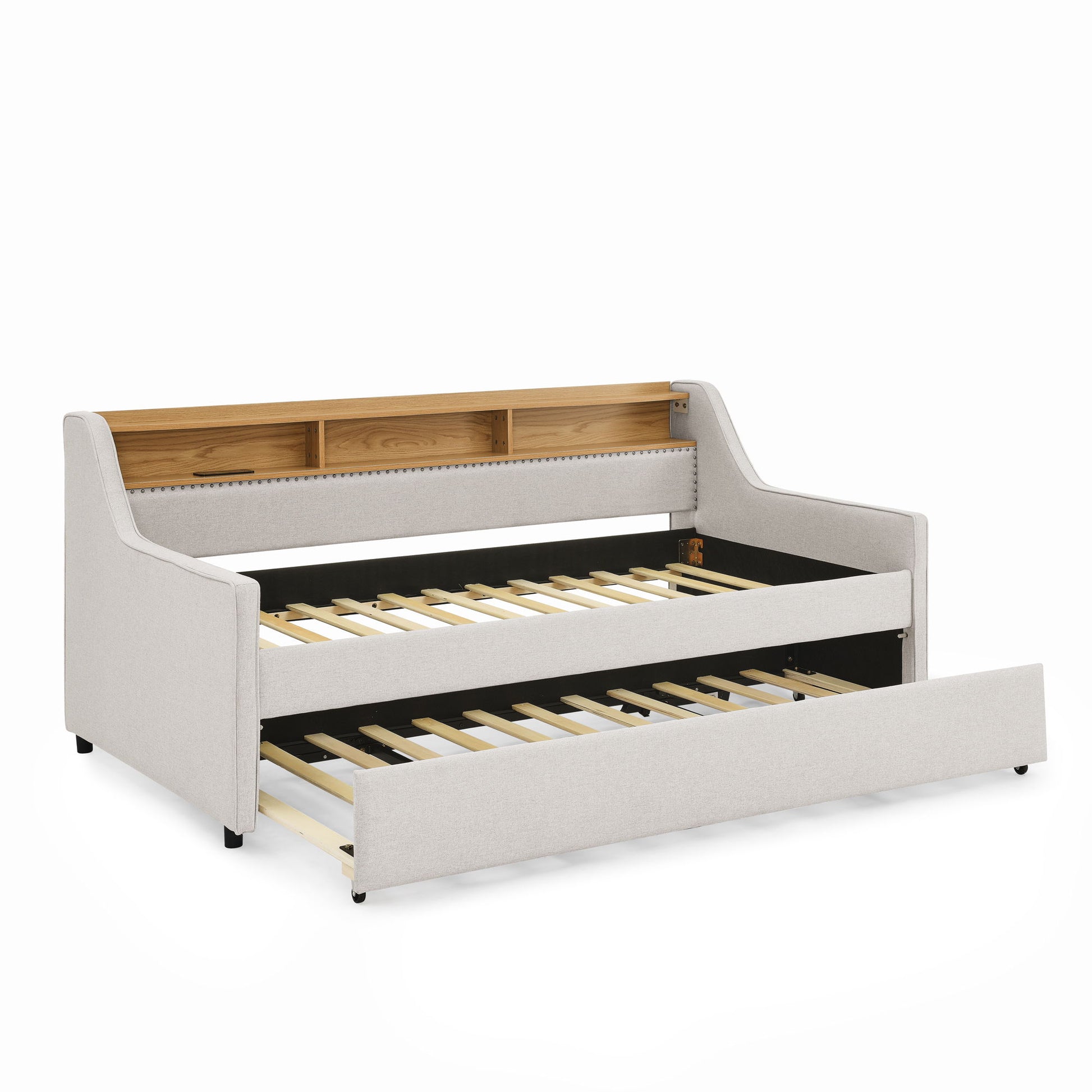 Upholstered Sofa Bed With LED Lights, Storage Headboard, Foldable Trundle & Wireless Charging - The Sleep Loft - Online Mattress Showroom NYC