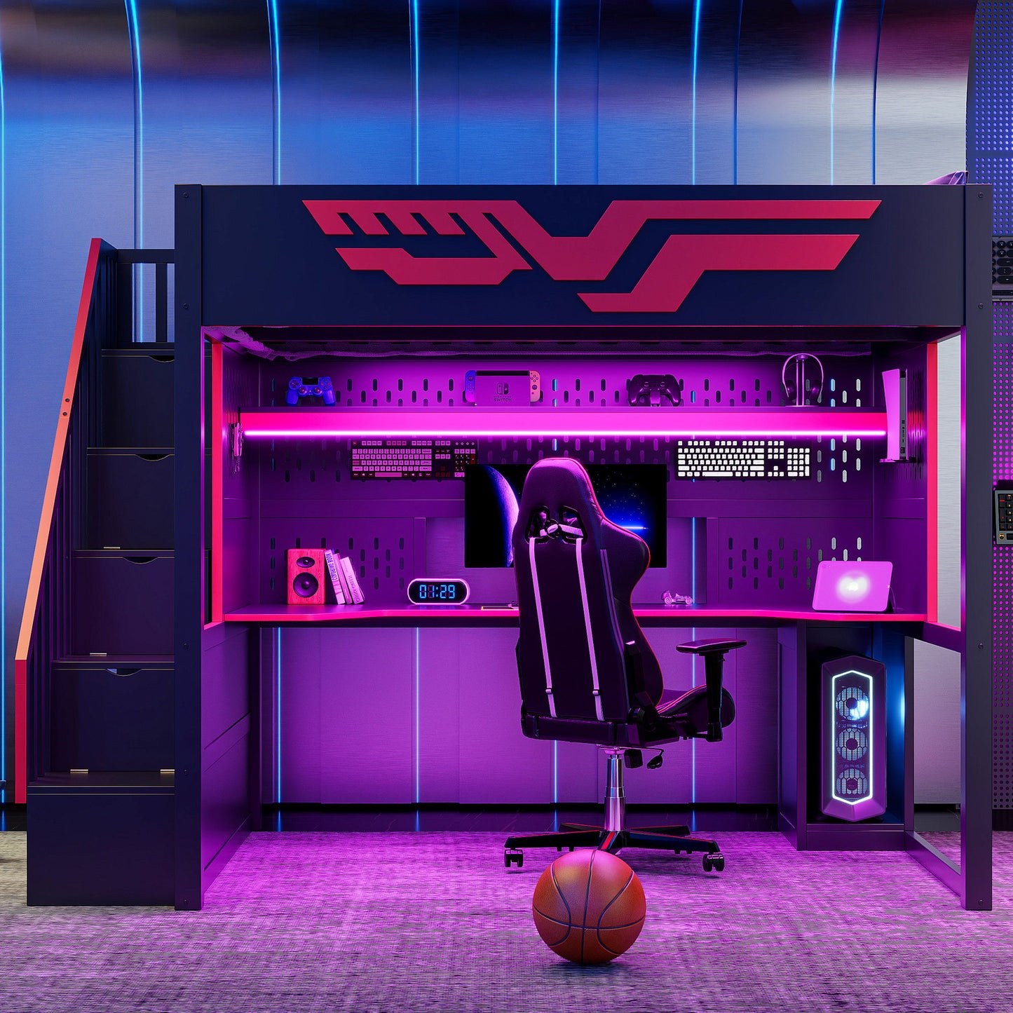 Full Gaming Loft Bed With Desk And Storage Staircase, LED Lights And USB - Red / Black - The Sleep Loft - Online Mattress Showroom NYC