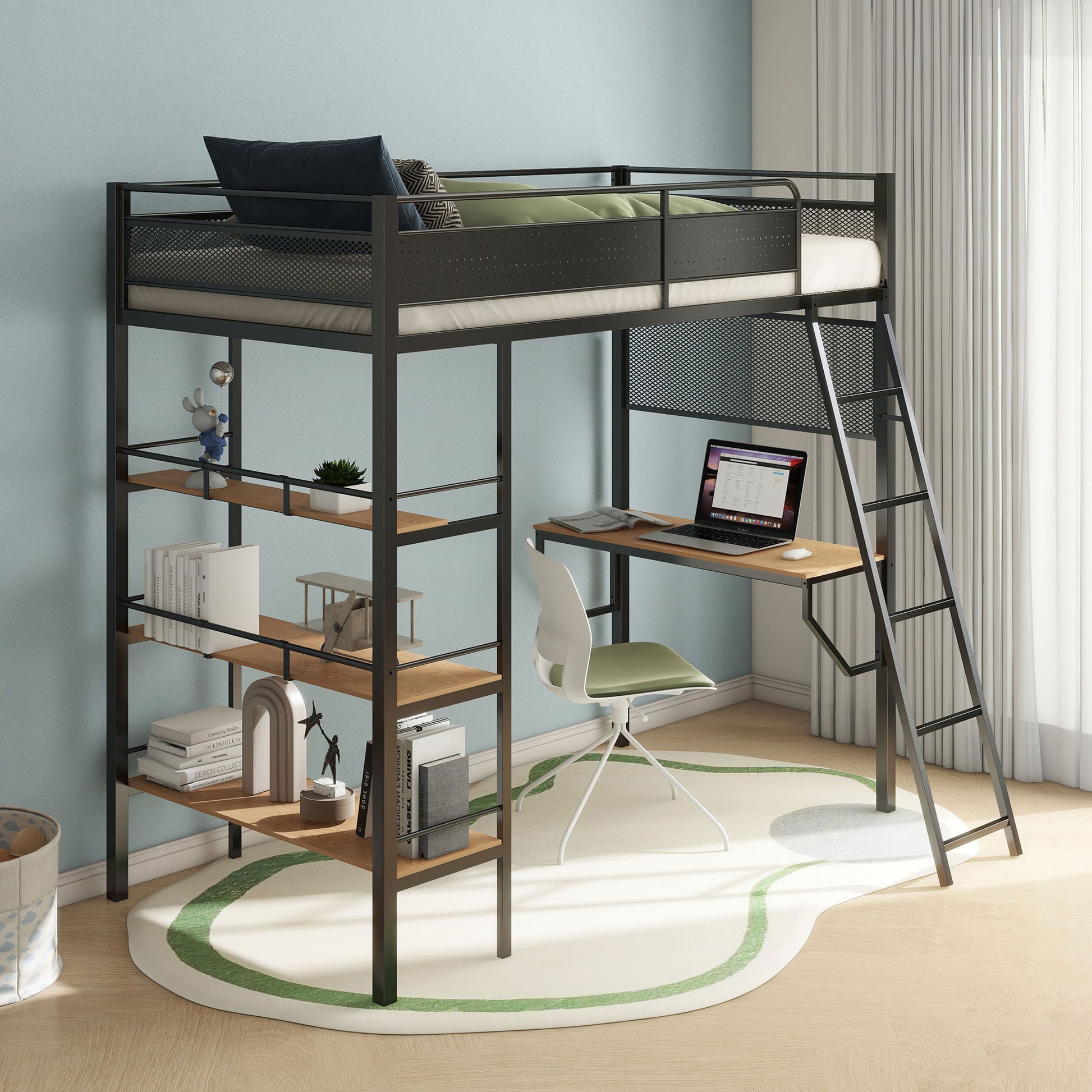 William - Twin Loft Bed 3 Shelf With Built In Desk - Matte Black - The Sleep Loft - Online Mattress Showroom NYC
