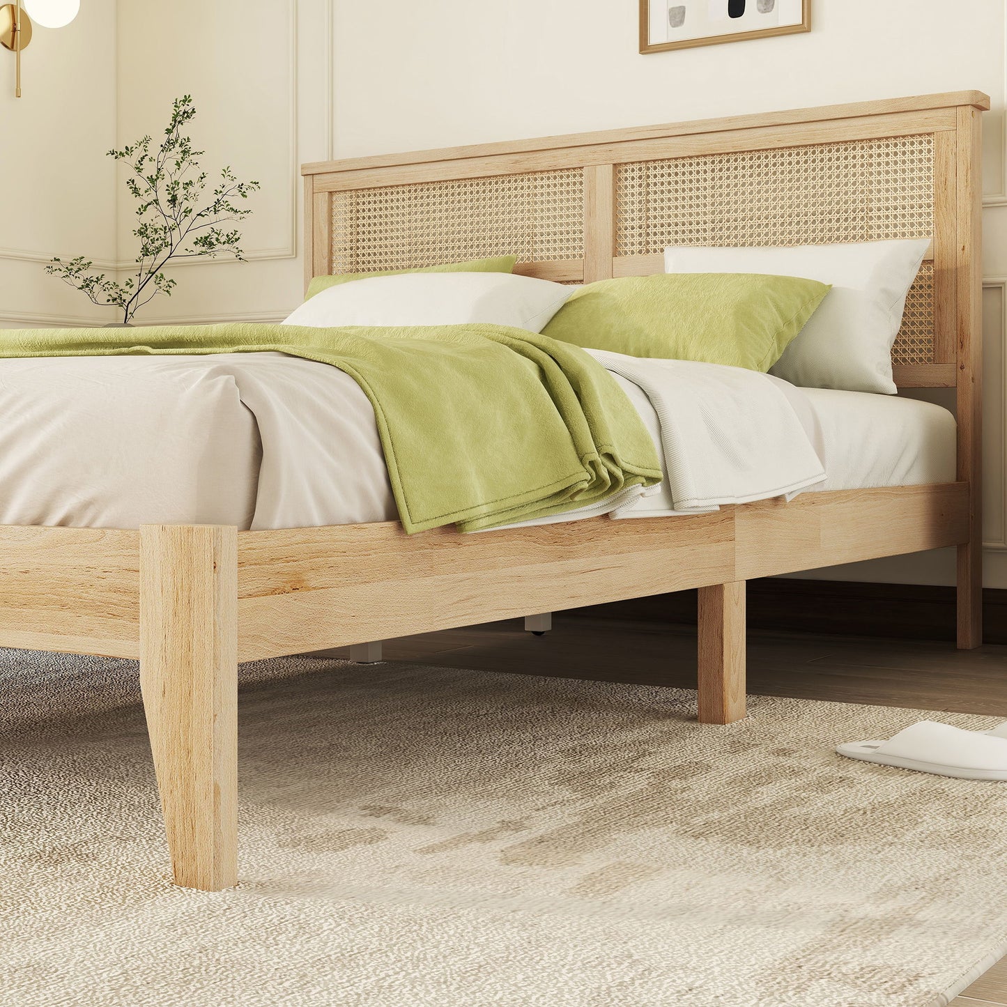 Queen Size Rubber Wooden, Solid Wooden Bed With Rattan Headboard, Enhanced By Support Feet - Natural - The Sleep Loft - Online Mattress Showroom NYC