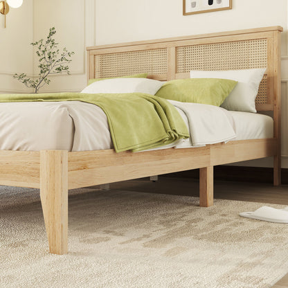 Queen Size Rubber Wooden, Solid Wooden Bed With Rattan Headboard, Enhanced By Support Feet - Natural - The Sleep Loft - Online Mattress Showroom NYC