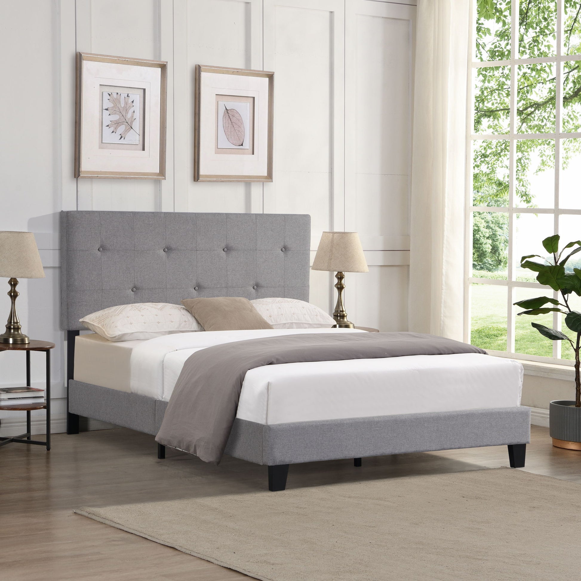 Full Size Upholstered Platform Bed Frame With Modern Button Tufted Linen Fabric Headboard, No Box Spring Needed, Wood Slat Support - Gray - The Sleep Loft - Online Mattress Showroom NYC