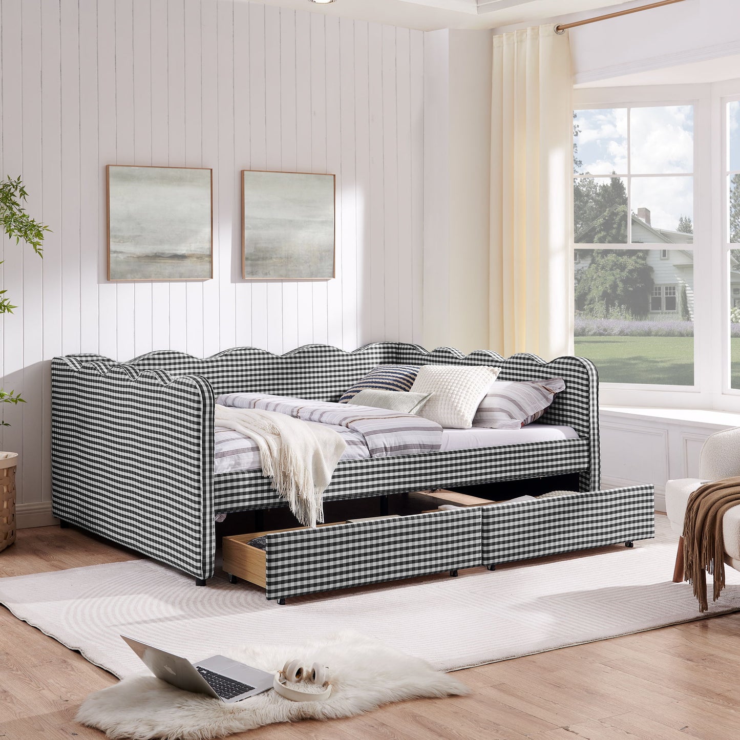 Gingham Daybed With USB Charging Port, Wave-Shaped Design - The Sleep Loft - Online Mattress Showroom NYC