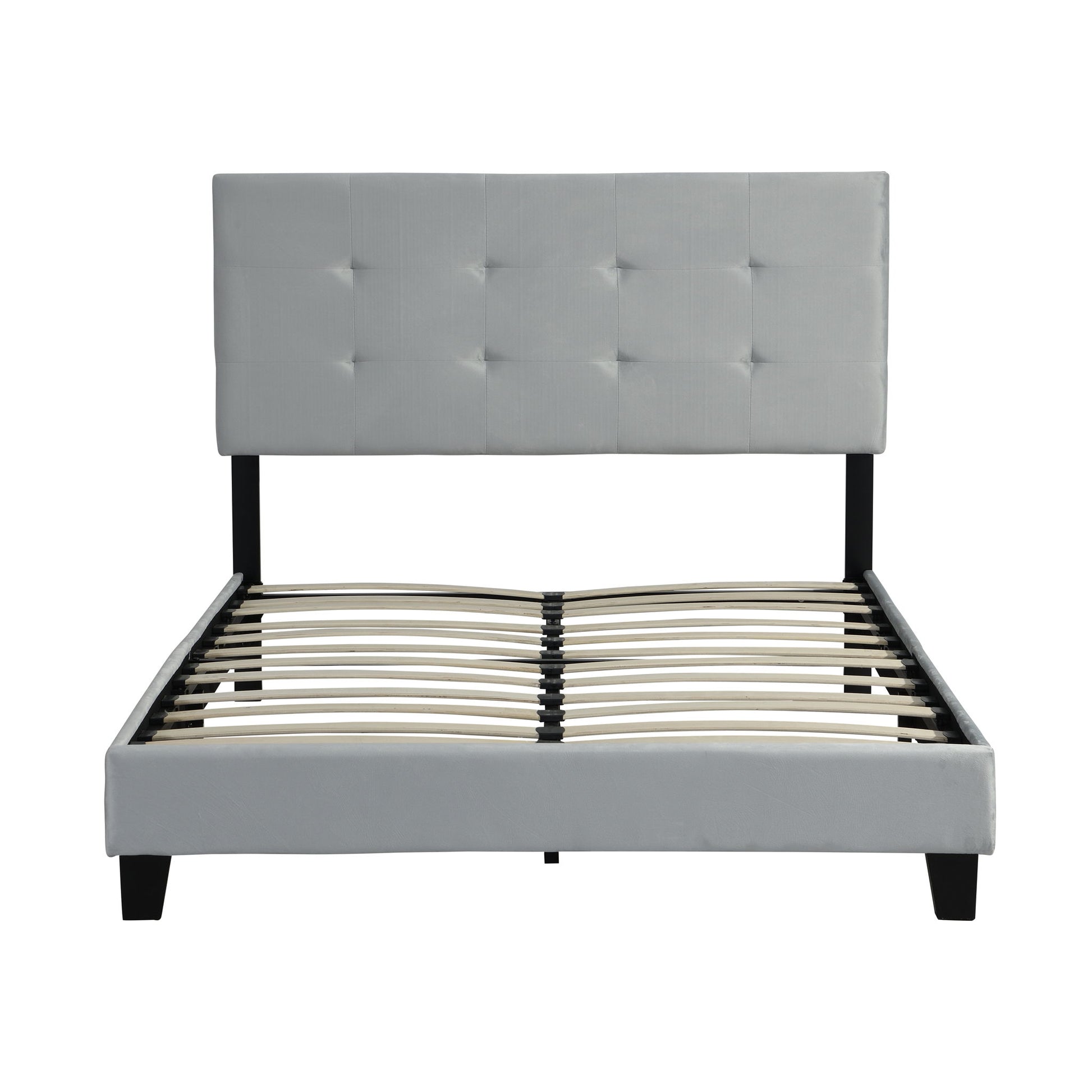 Queen Size Upholstered Platform Bed Frame With Pull Point Tufted Headboard, Strong Slat Support, Mattress Foundation, No Box Spring Needed - Gray - The Sleep Loft - Online Mattress Showroom NYC