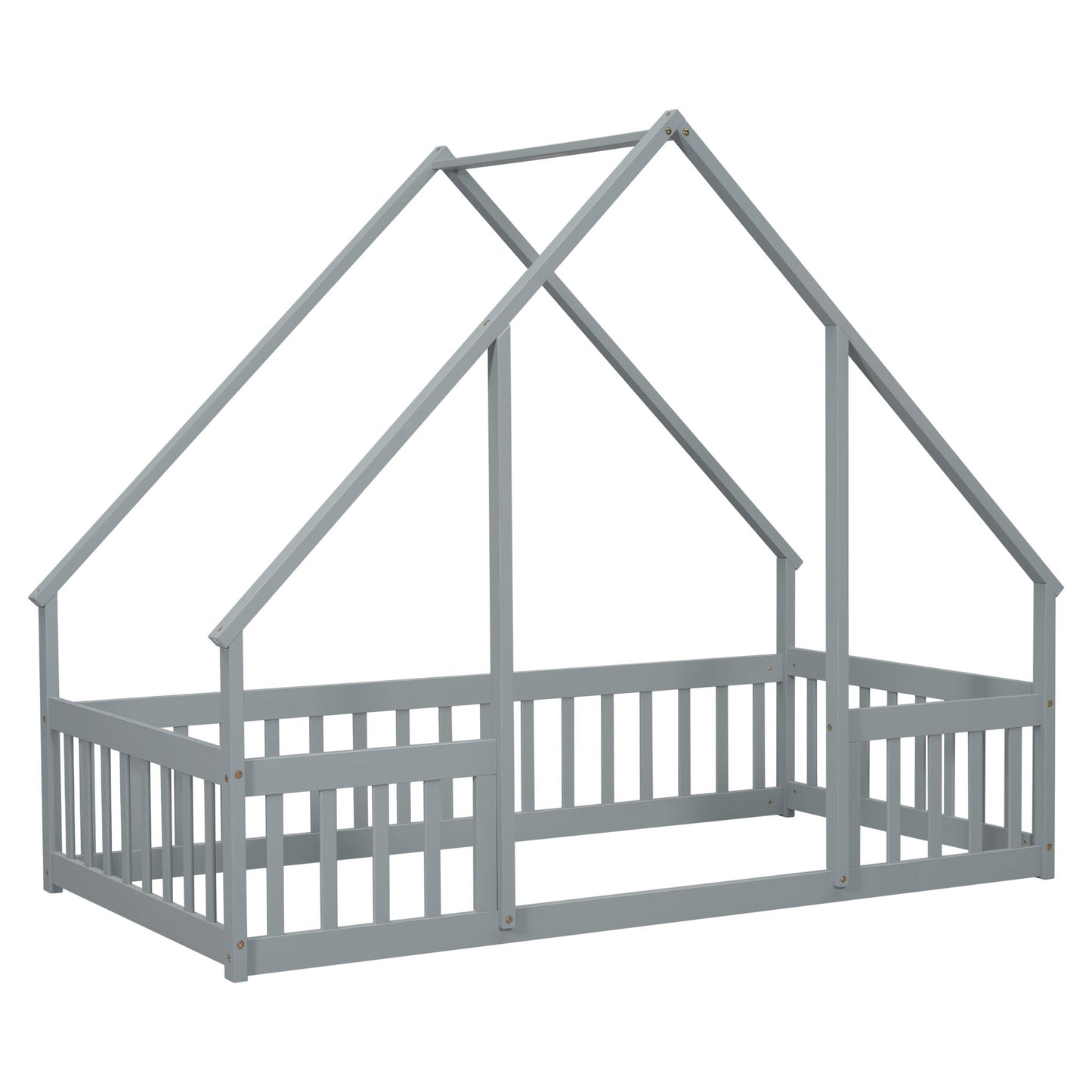 Wood House-Shaped Floor Bed With Fence, Guardrails - The Sleep Loft - Online Mattress Showroom NYC