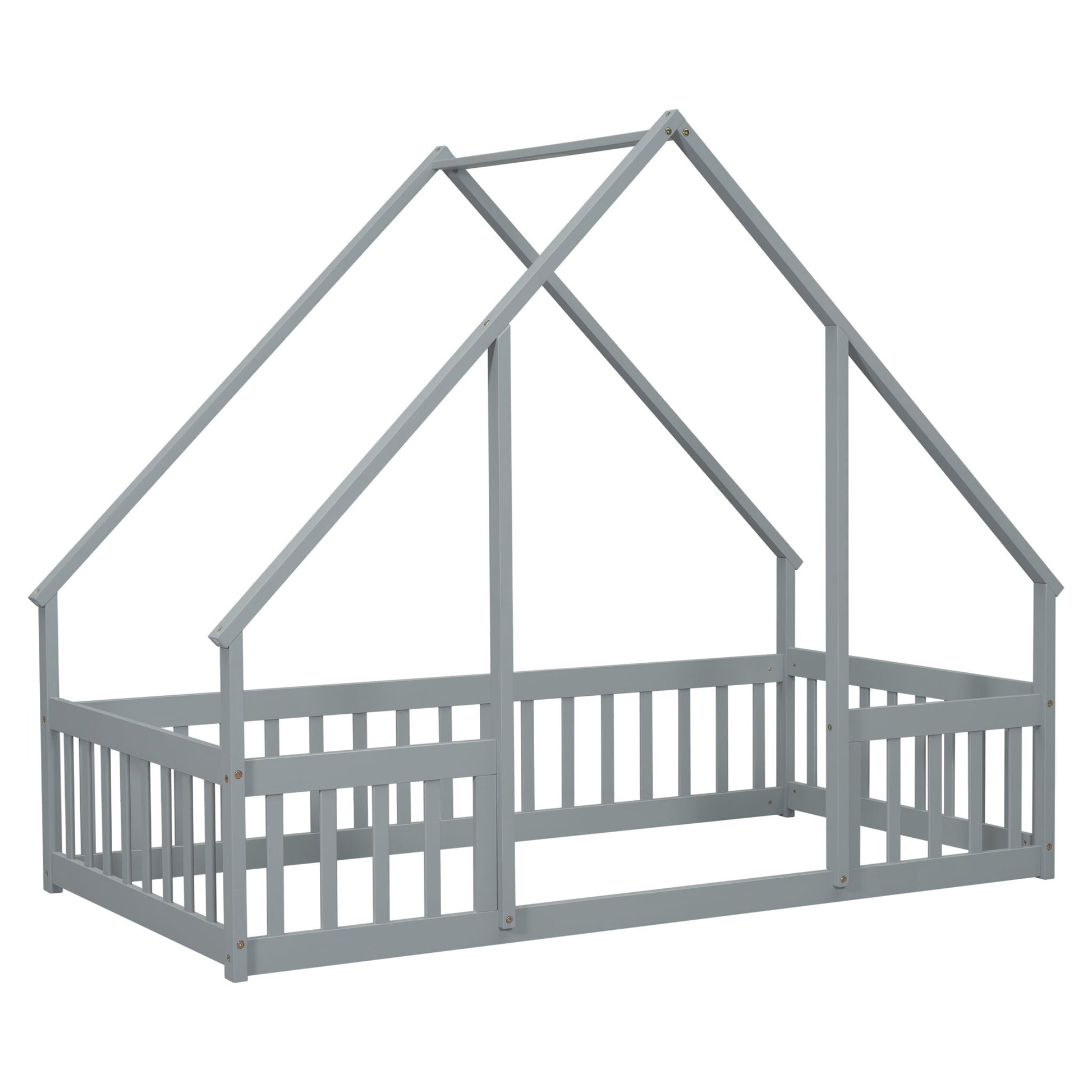 Wood House-Shaped Floor Bed With Fence, Guardrails - The Sleep Loft - Online Mattress Showroom NYC
