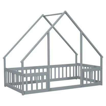 Wood House-Shaped Floor Bed With Fence, Guardrails - The Sleep Loft - Online Mattress Showroom NYC