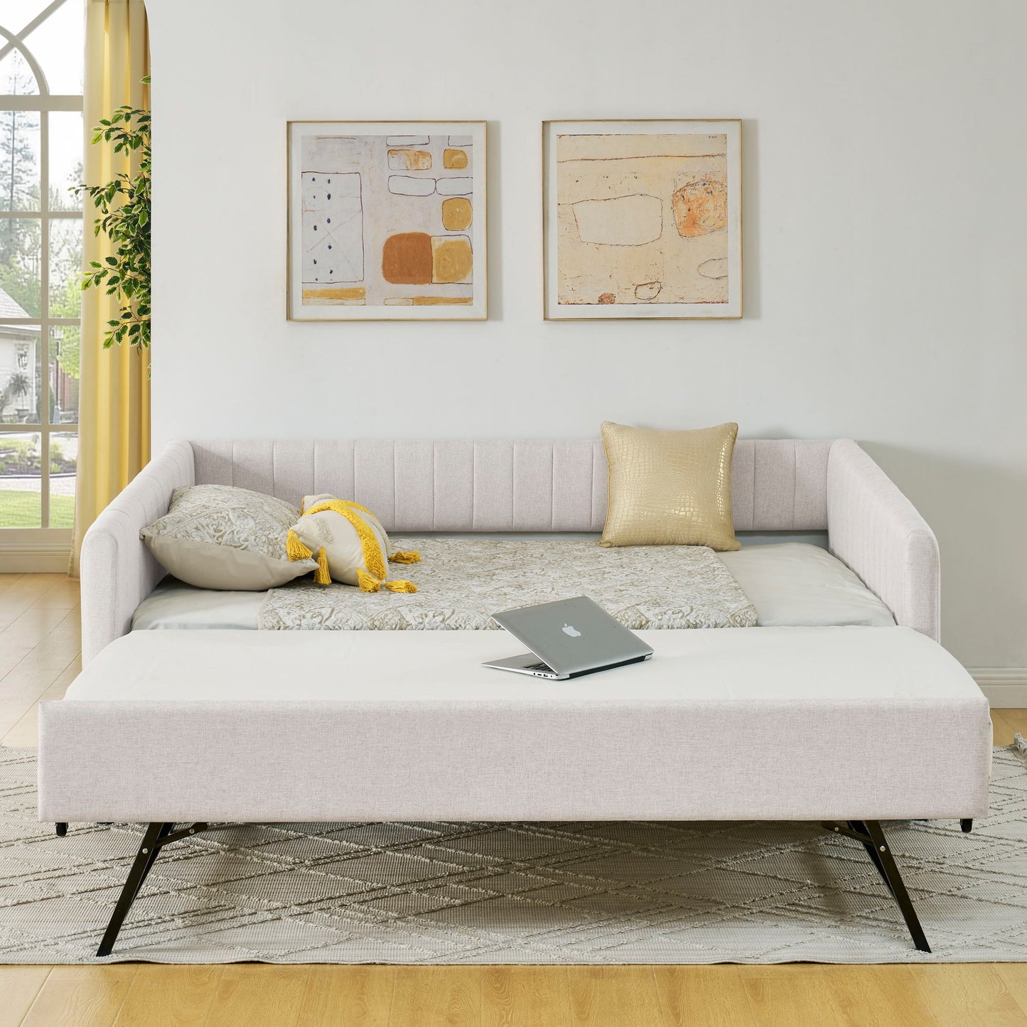Upholstered Daybed With Trundle With Vertical Stripes - The Sleep Loft - Online Mattress Showroom NYC