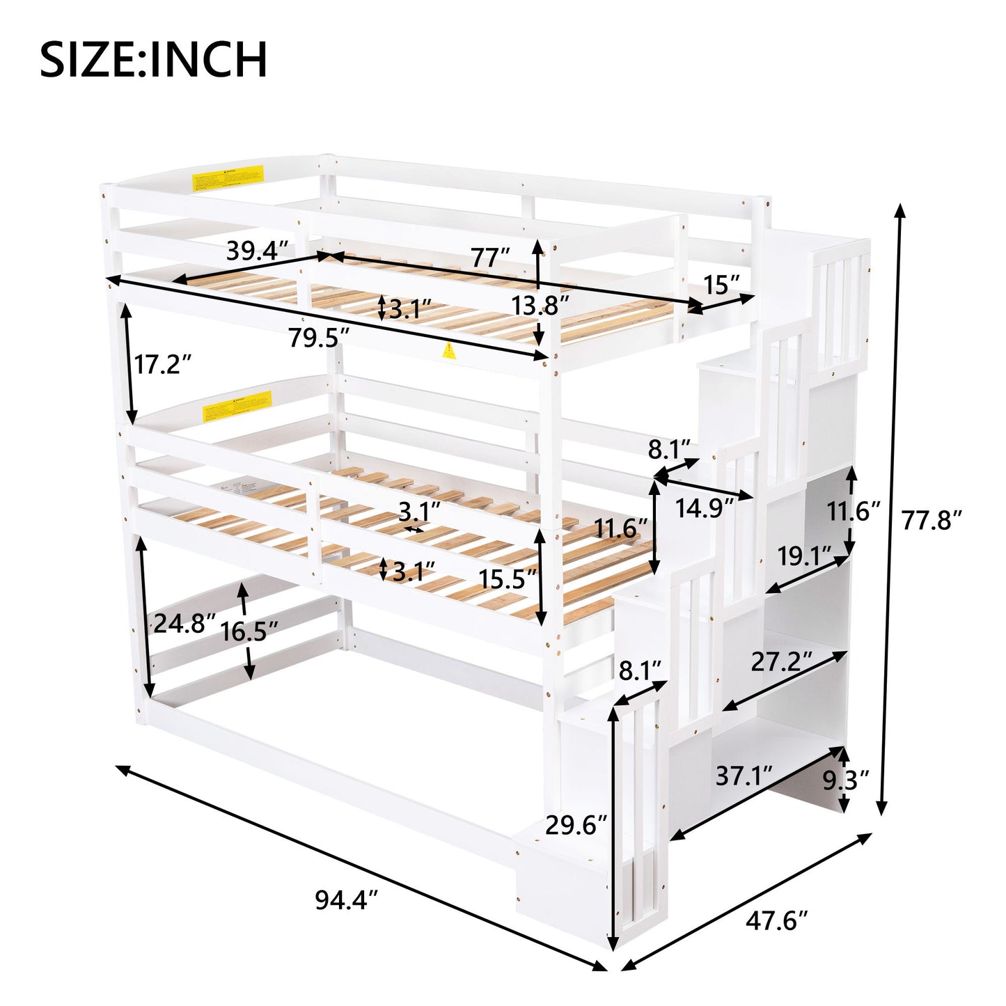 Twin Size Triple Bunk Bed With Storage Staircase, Separate Design - White - The Sleep Loft - Online Mattress Showroom NYC
