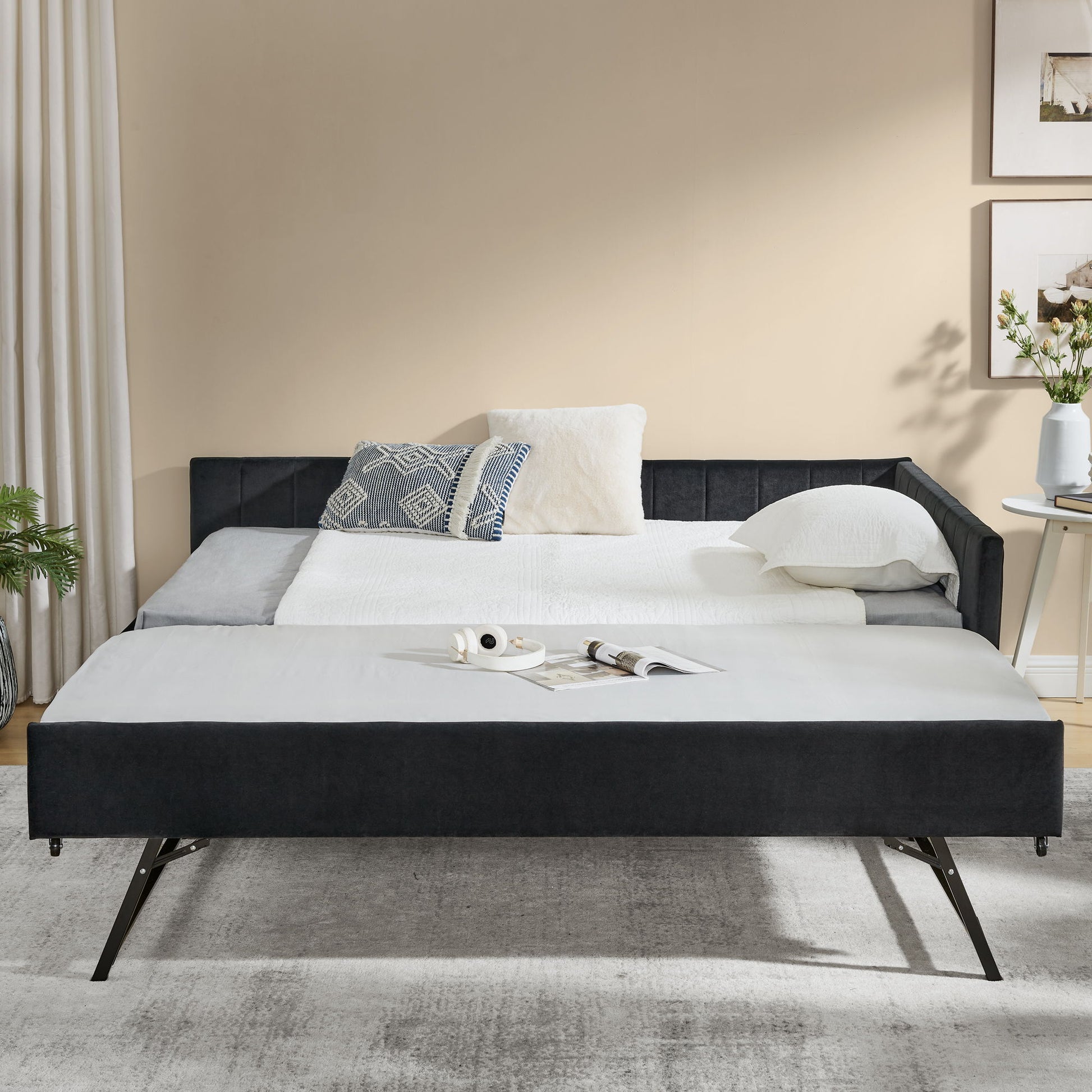Full Size Upholstered Daybed With Trundle, Tufted Backrest And Armrests - Black - The Sleep Loft - Online Mattress Showroom NYC