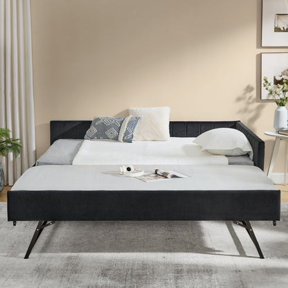 Full Size Upholstered Daybed With Trundle, Tufted Backrest And Armrests - Black - The Sleep Loft - Online Mattress Showroom NYC