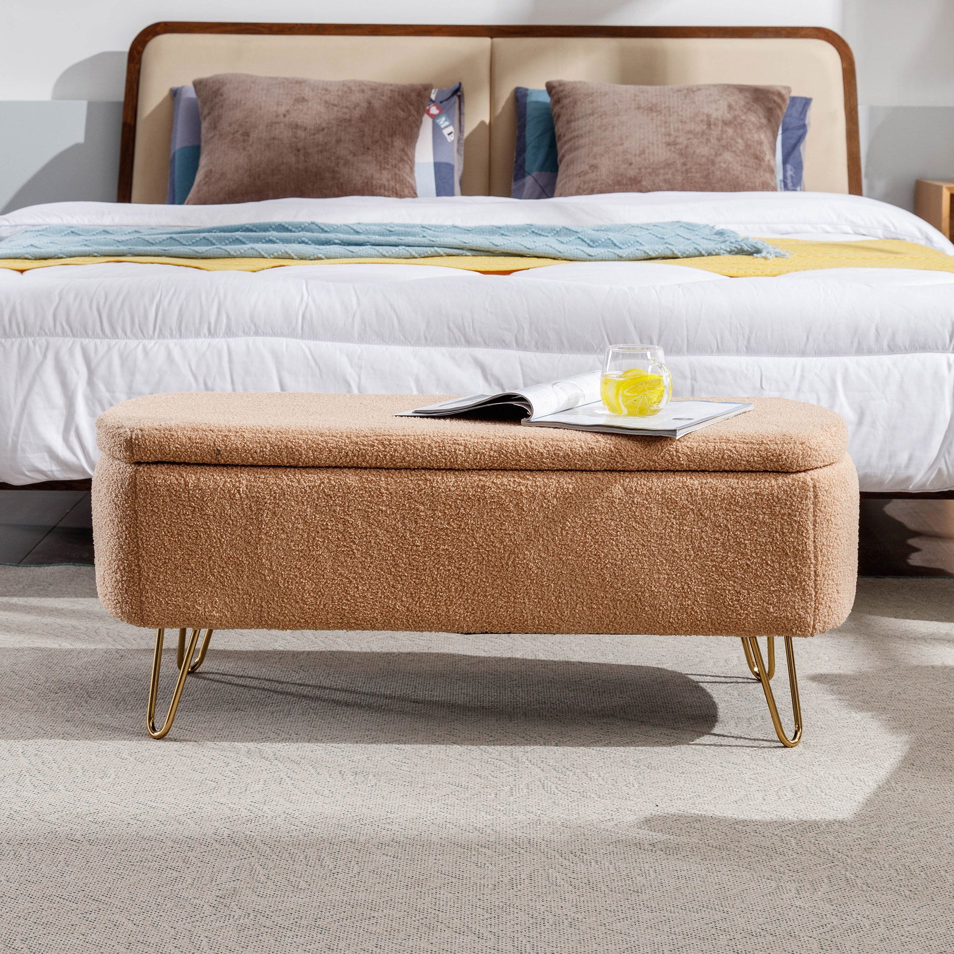 Storage Ottoman Bench For End Of Bed Legs, Modern Camel Faux Fur Entryway Bench Upholstered Padded With Storage For Living Room Bedroom - The Sleep Loft - Online Mattress Showroom NYC